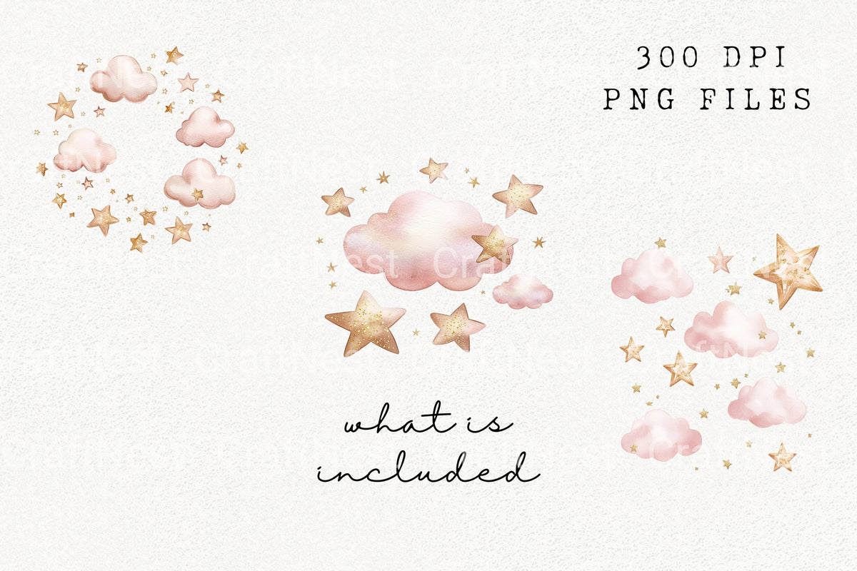 Pink Clouds And Gold Stars Clipart Bundle