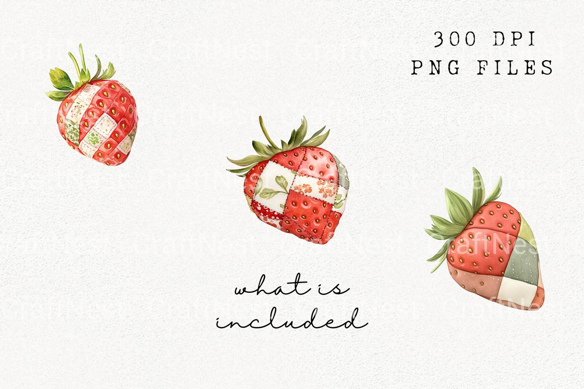 Patchwork Strawberry Artwork Clipart Bundle
