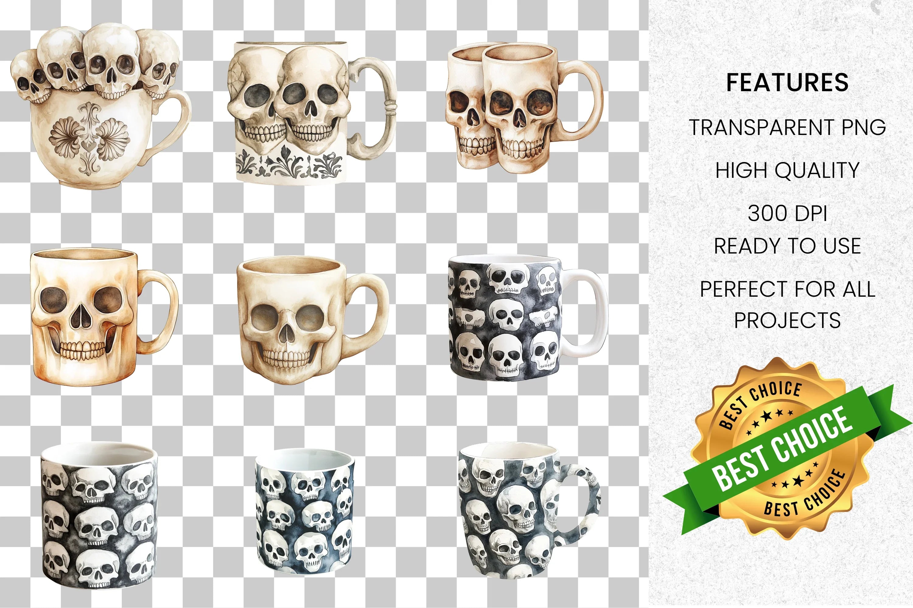 Gothic Skull Mugs Clipart Bundle