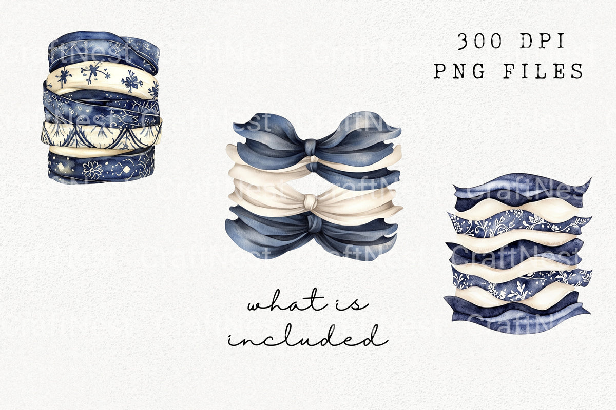 Navy Blue Ribbon Bows Clipart Bundle