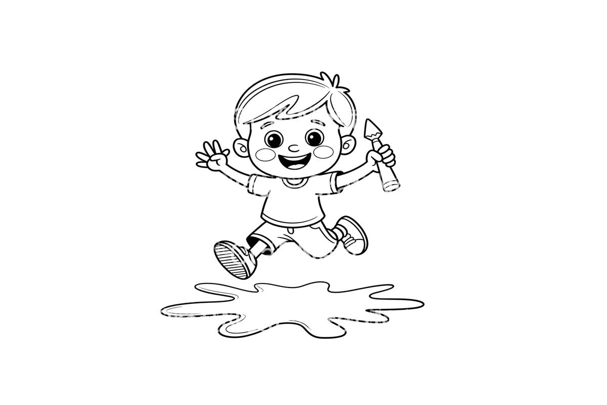 Boy Jumping in Puddle Coloring Books