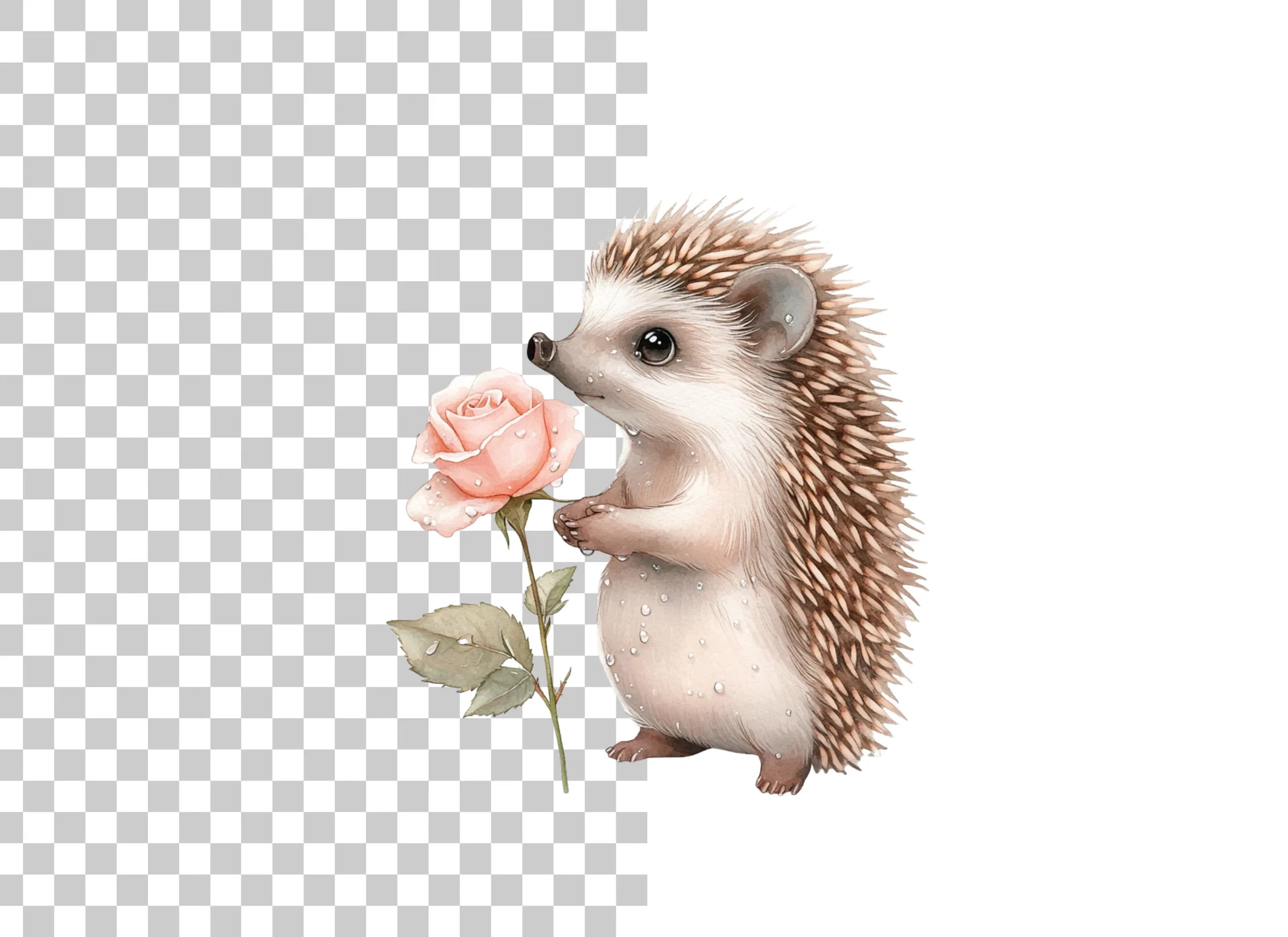 Cute Hedgehog with Pink Rose Clipart Bundle