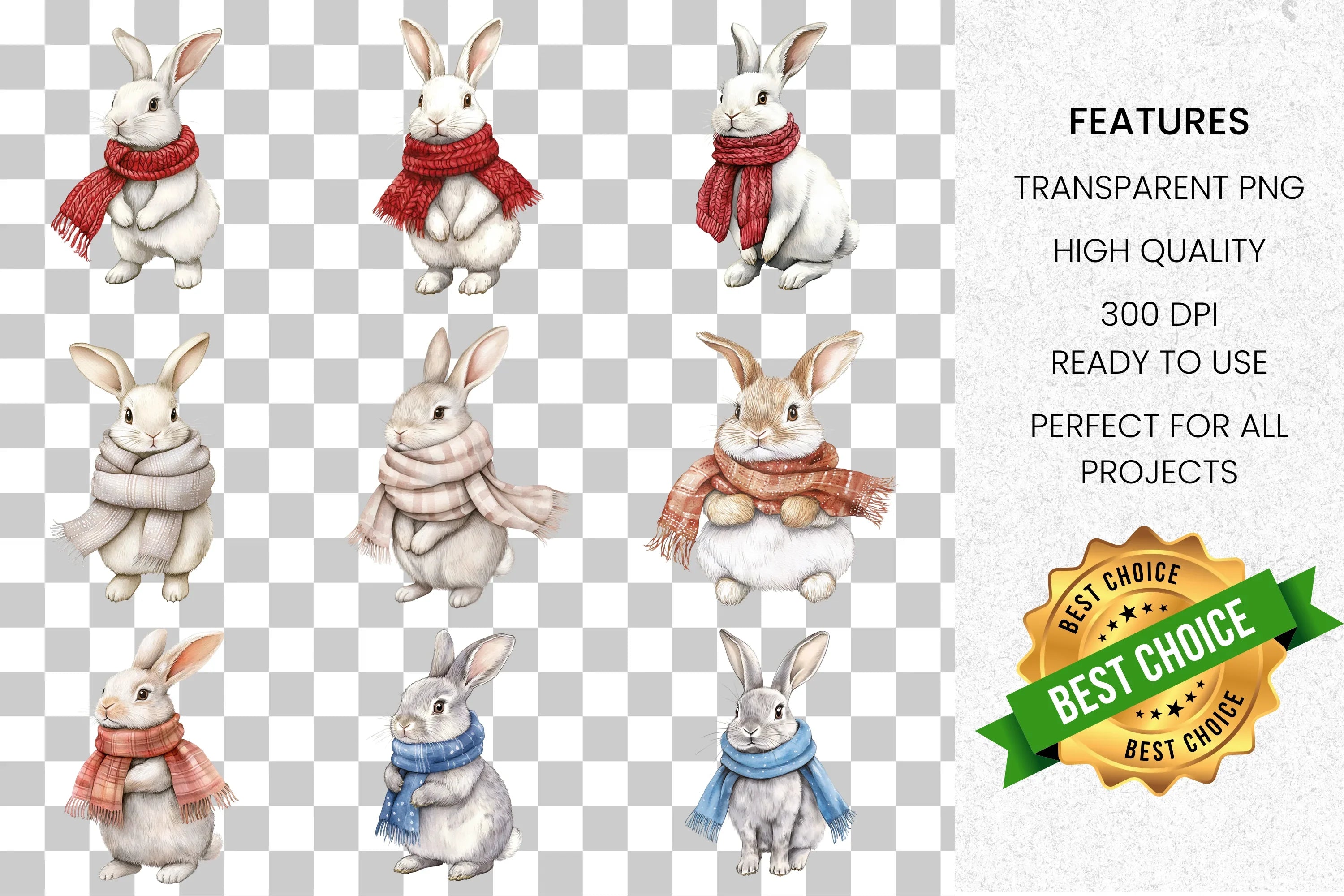 Cute Rabbits with Scarves Clipart Bundle