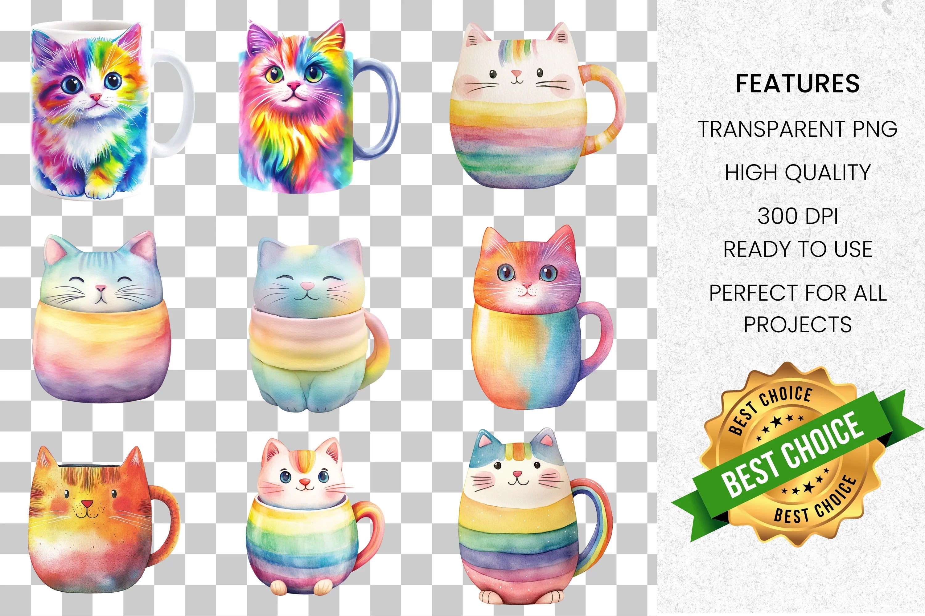 Cute Rainbow Cat Clipart Bundle