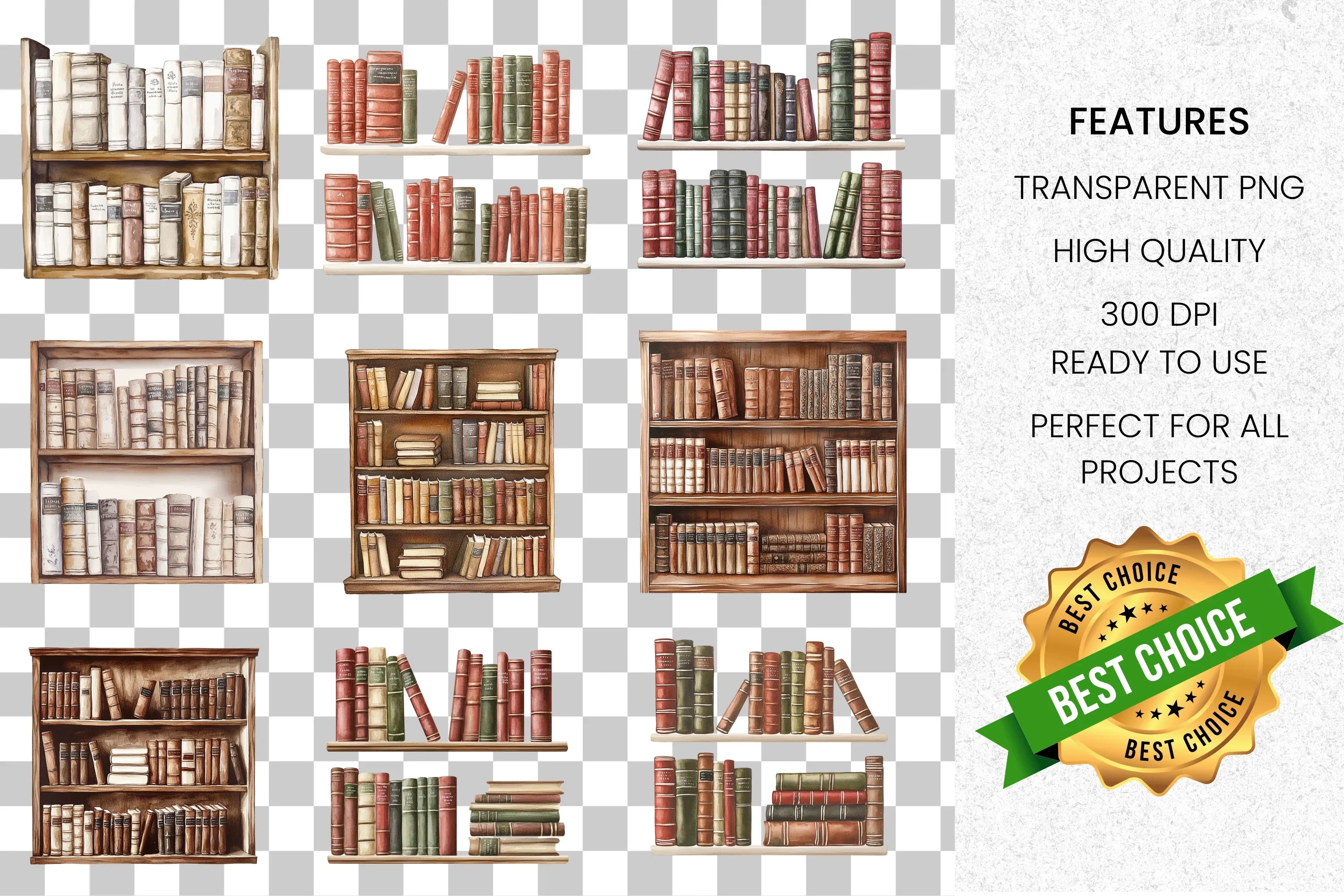 Vintage Bookshelf Clipart Bundle