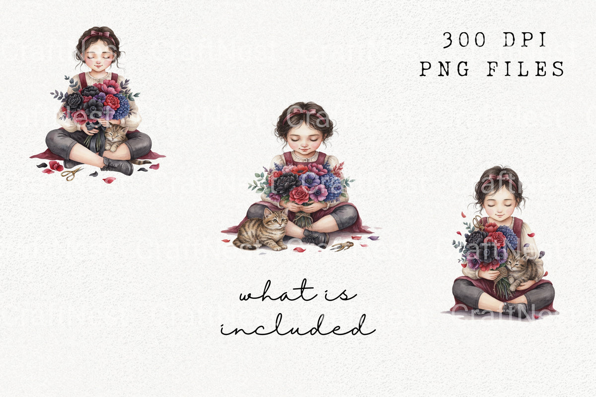 Little Girl With Flowers And Cat Clipart Bundle