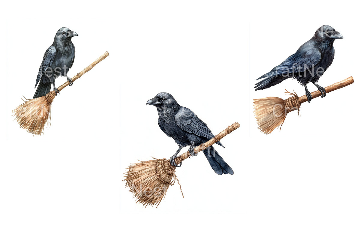 Mystical Crow On Broomstick Clipart Bundle