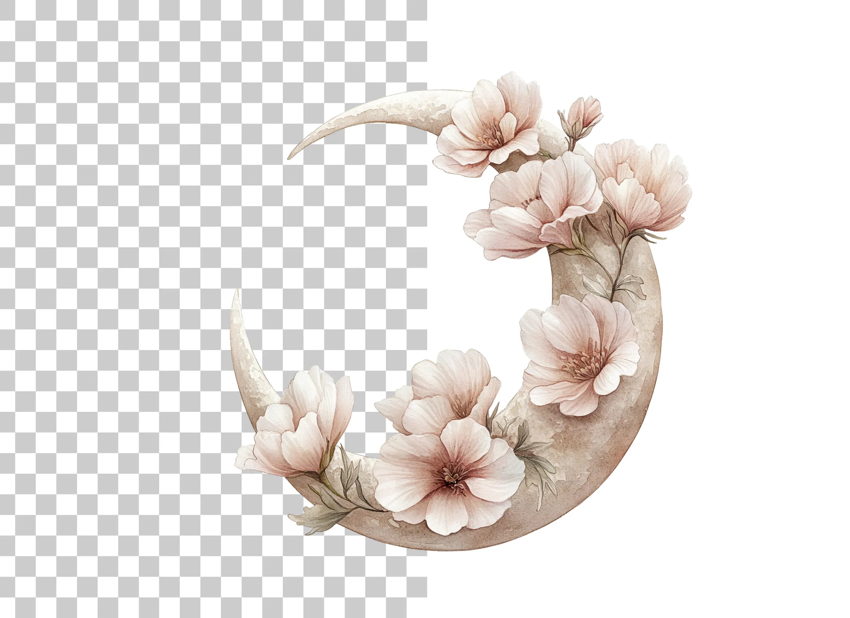 Floral Crescent Moon Clipart Bundle