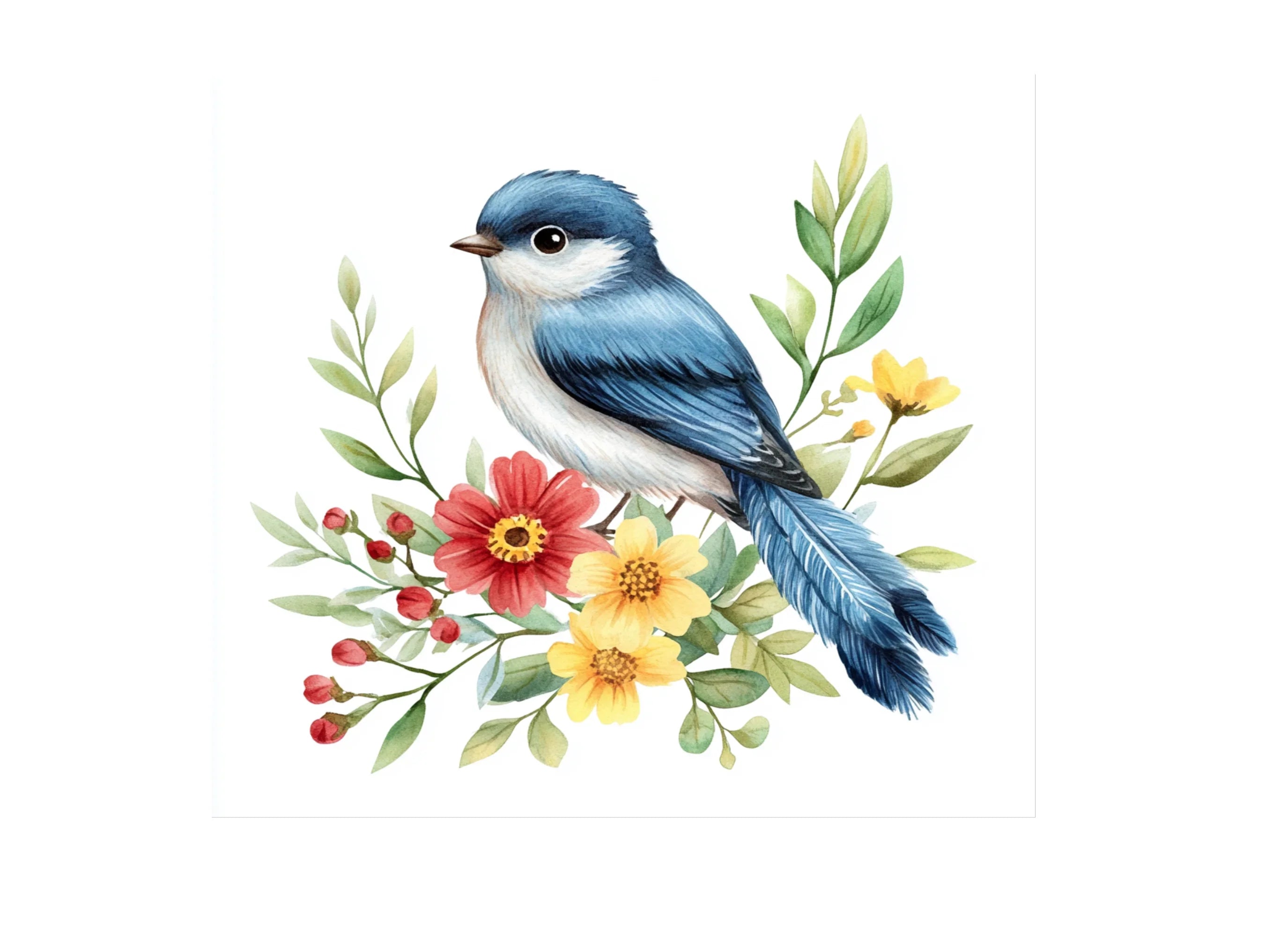 Cute Blue Birds with Spring Flowers Clipart Bundle