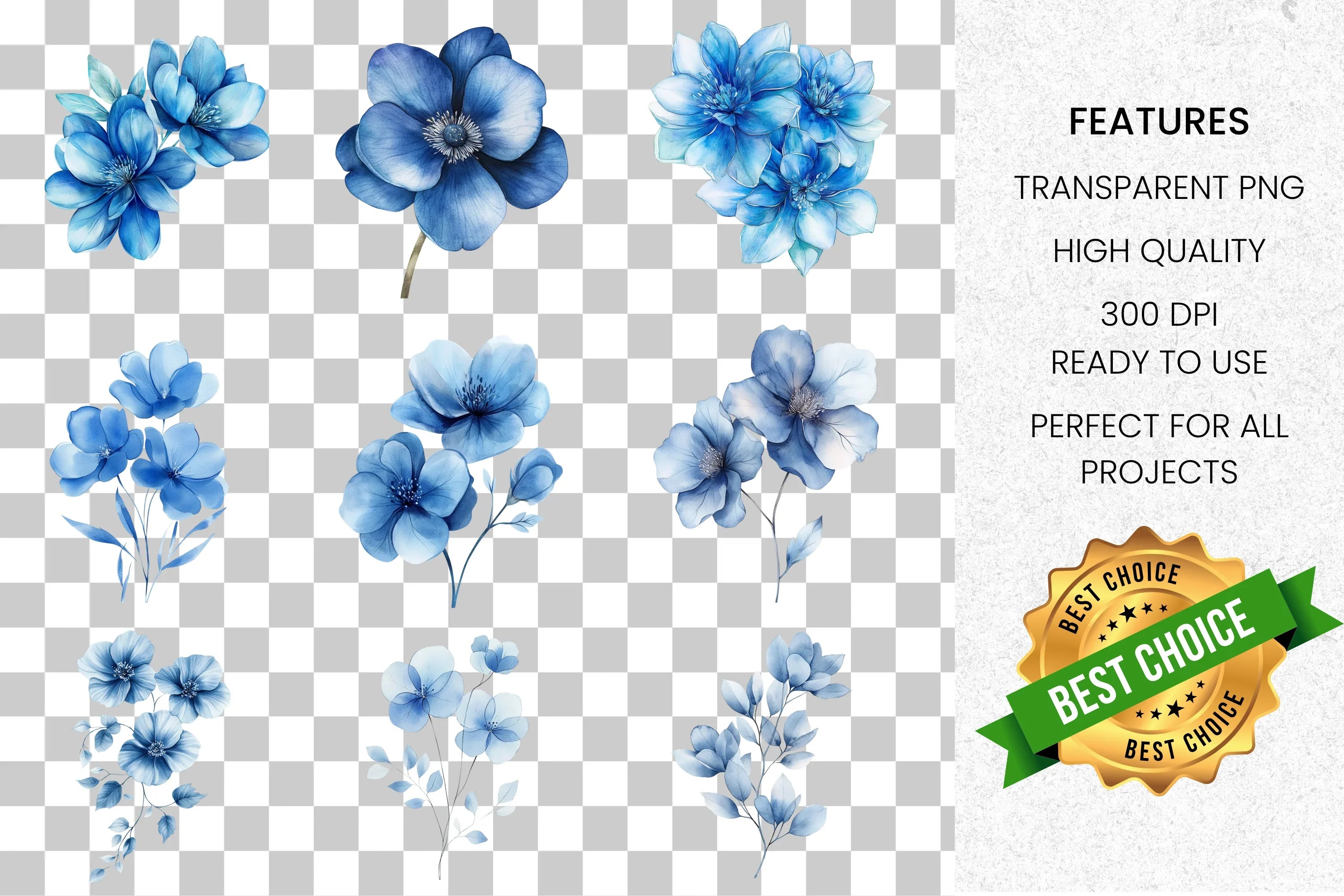 Elegant Blue Floral Clipart Bundle