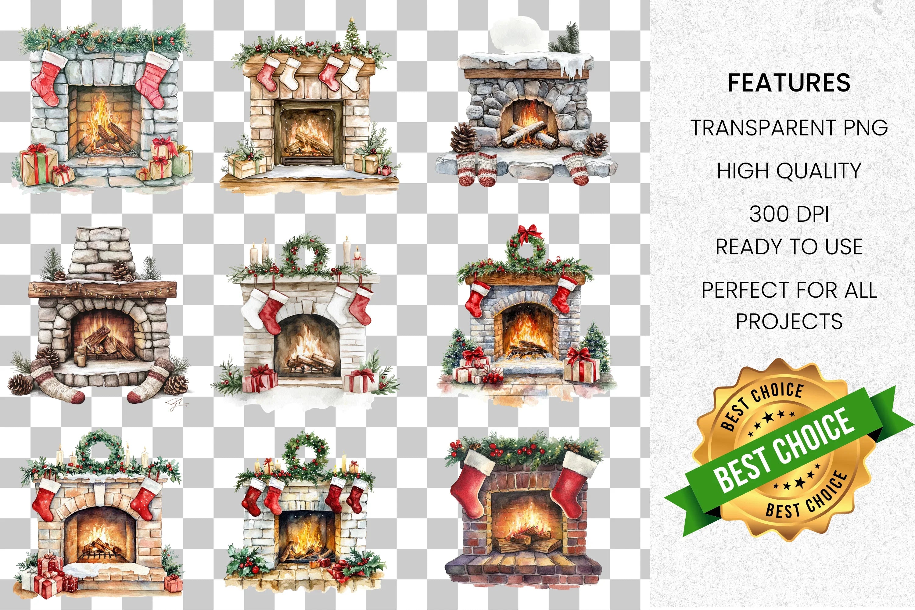 Cozy Christmas Fireplace Clipart Bundle