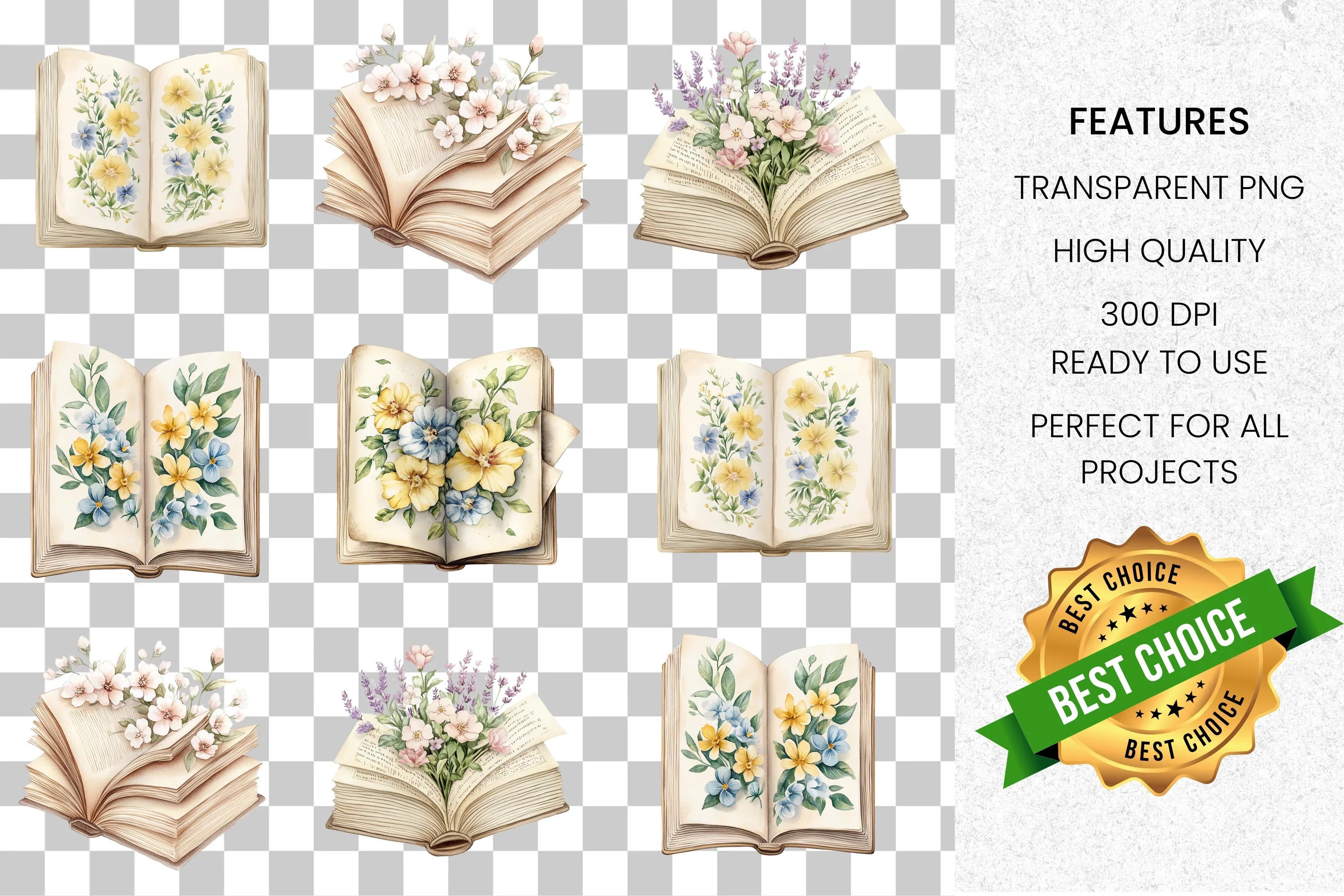 Vintage Floral Books Clipart Bundle