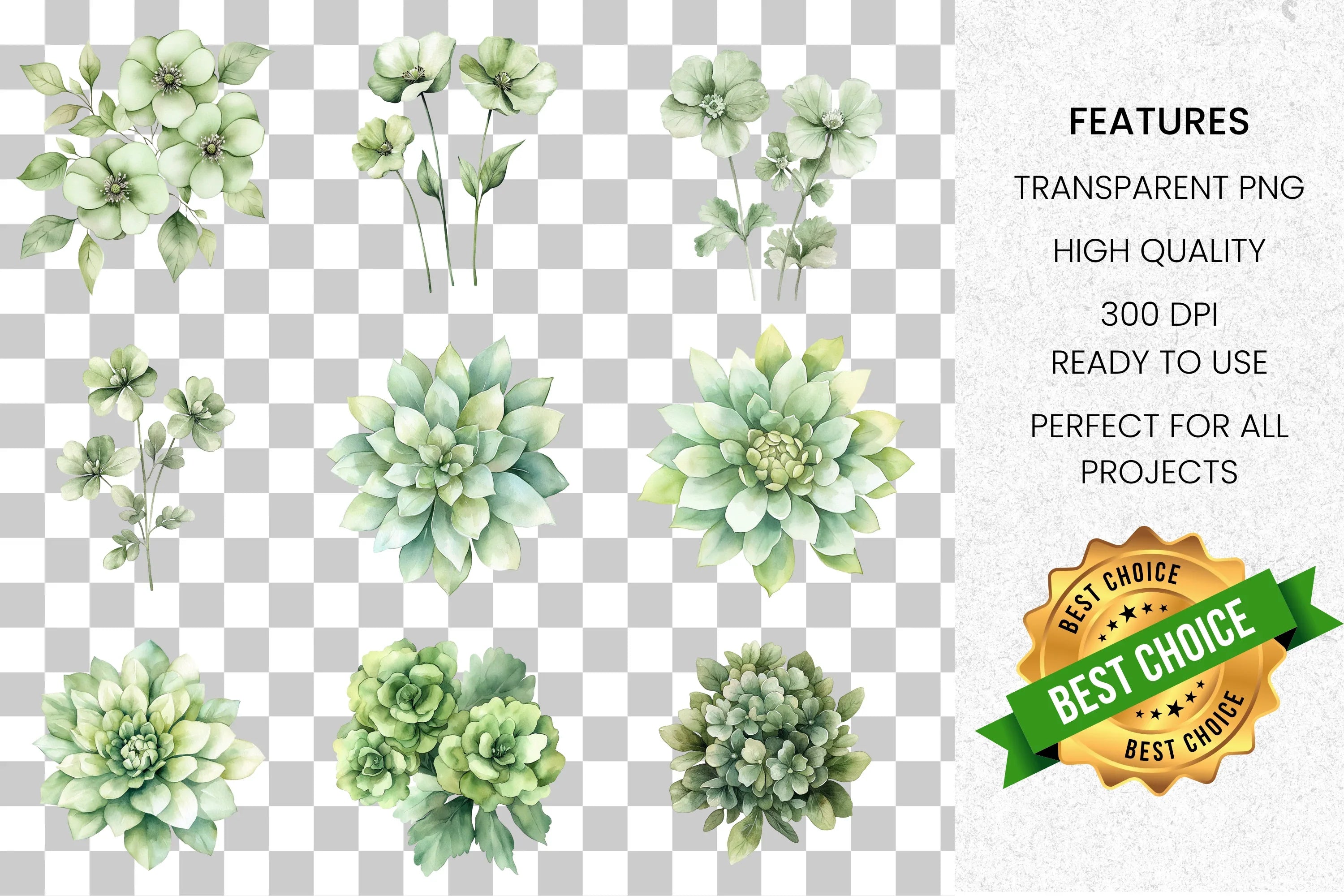 Soft Green Floral Succulent Clipart Bundle