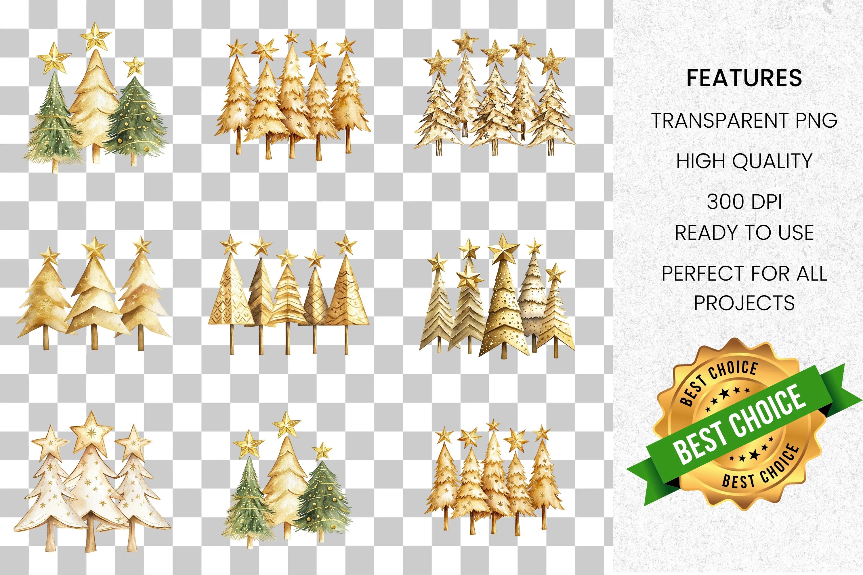 Golden Christmas Tree Clipart Bundle
