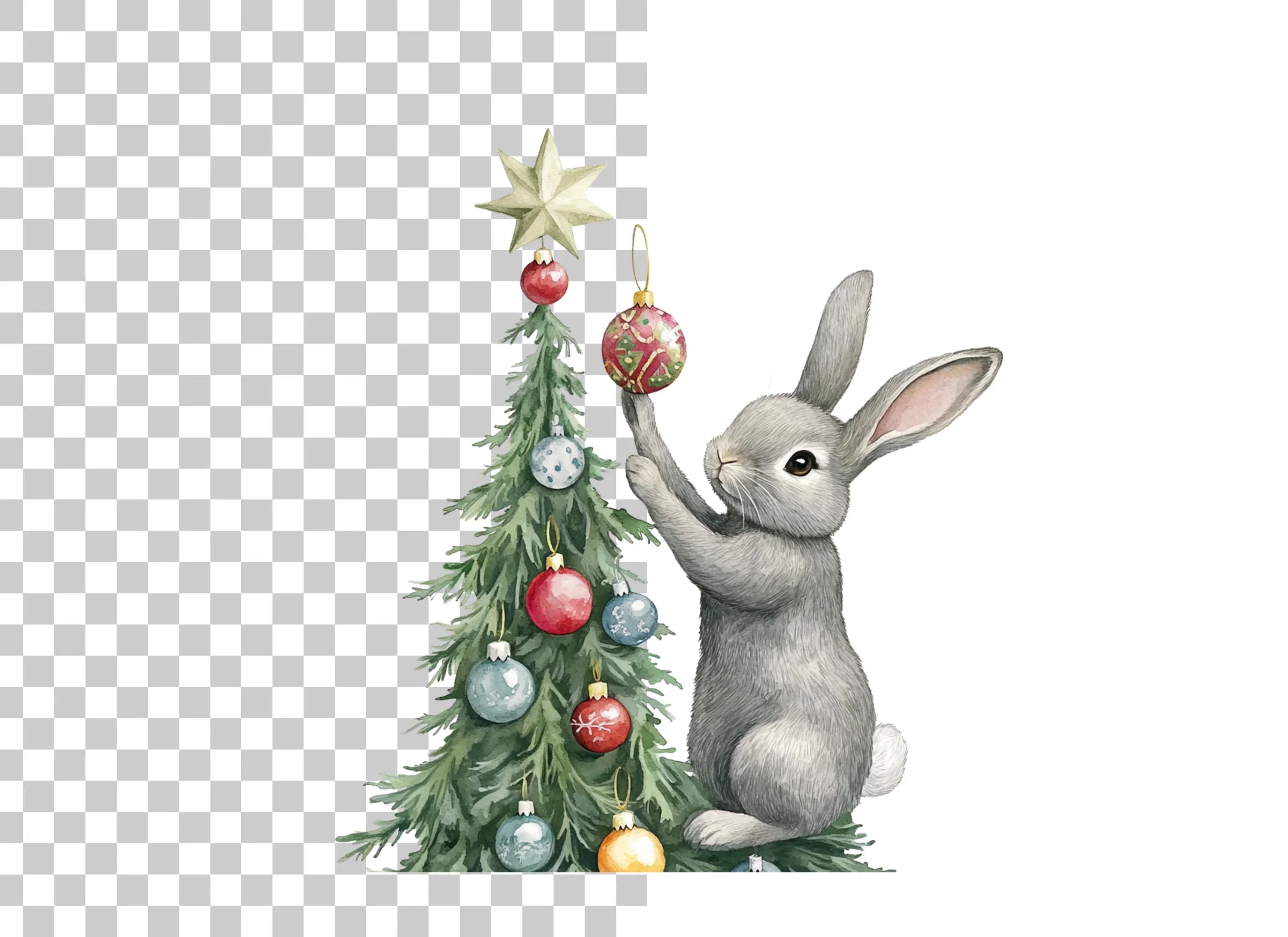 Gray Rabbit Holiday Tree Decorating Clipart Bundle