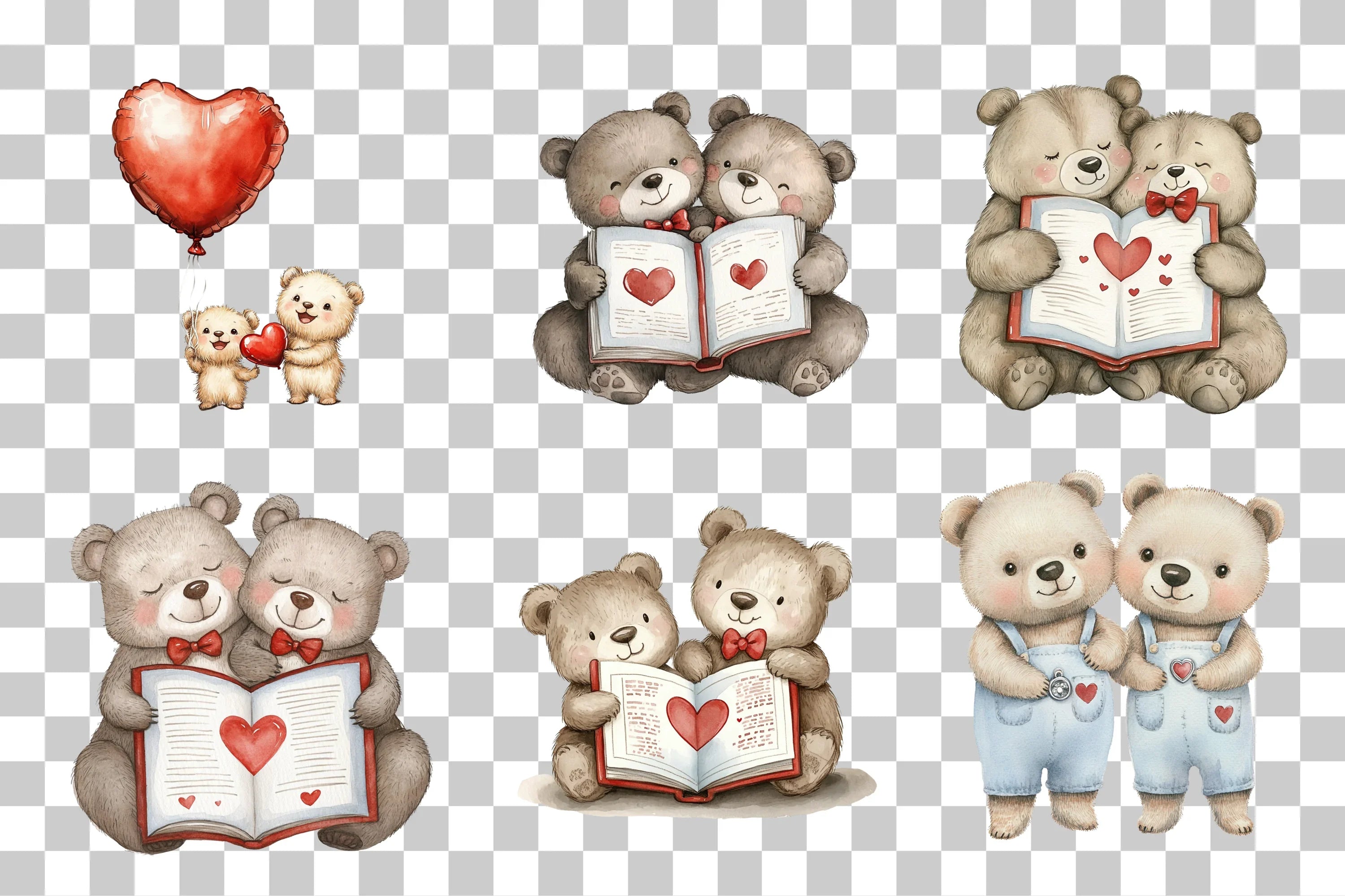 Teddy Bears with Heart Balloons Clipart Bundle