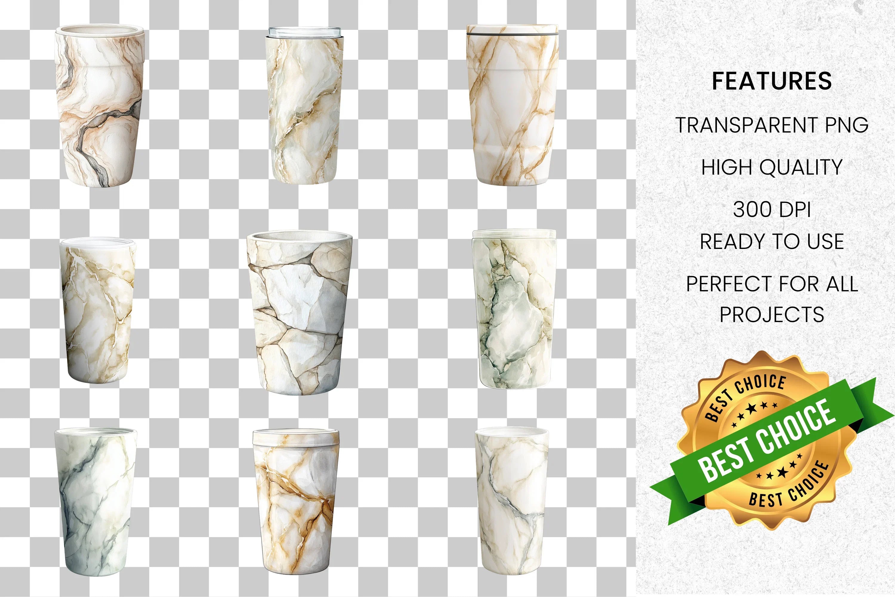 White Gold Marble Tumbler Clipart Bundle