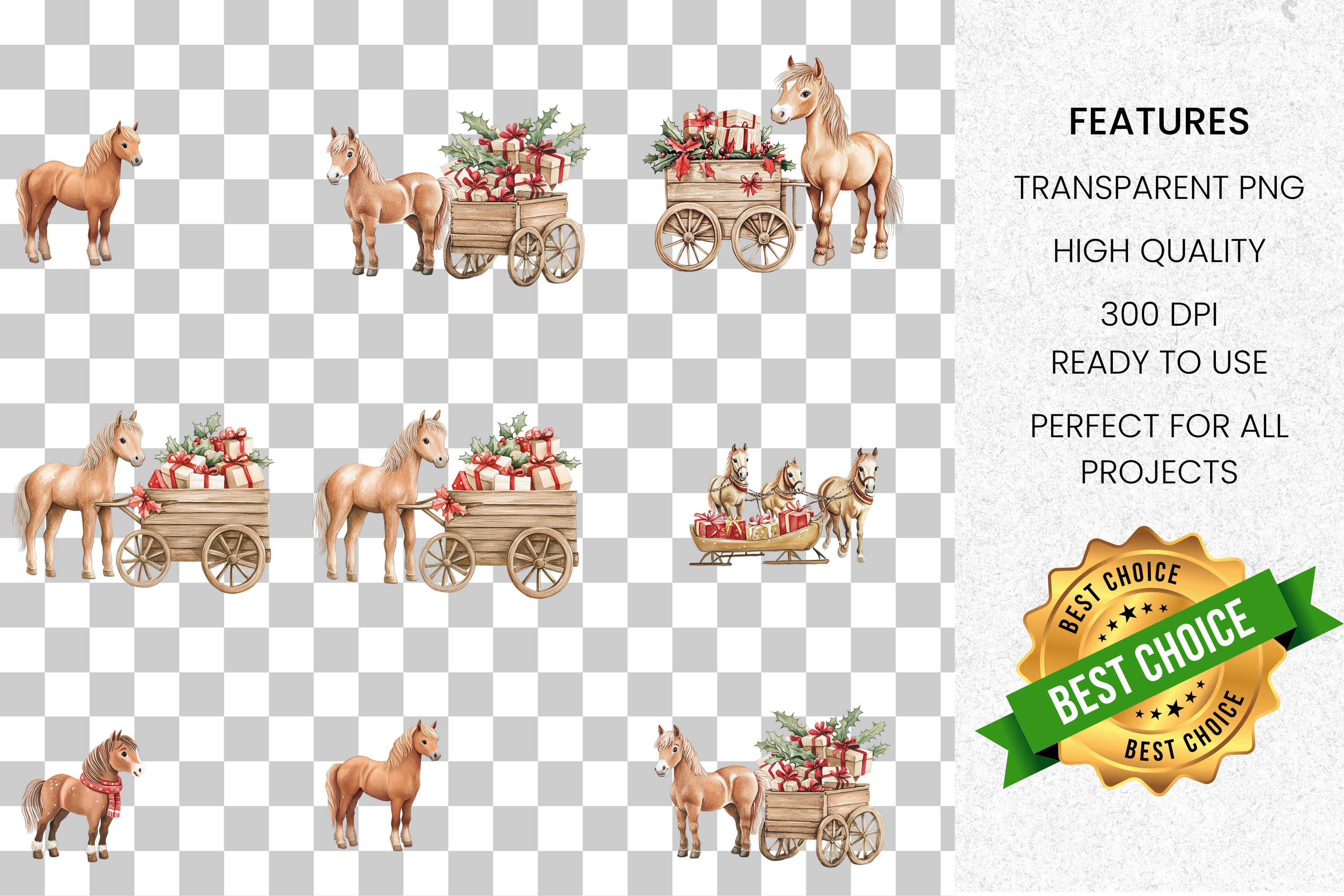 Christmas Horse Cart with Gifts Clipart Bundle