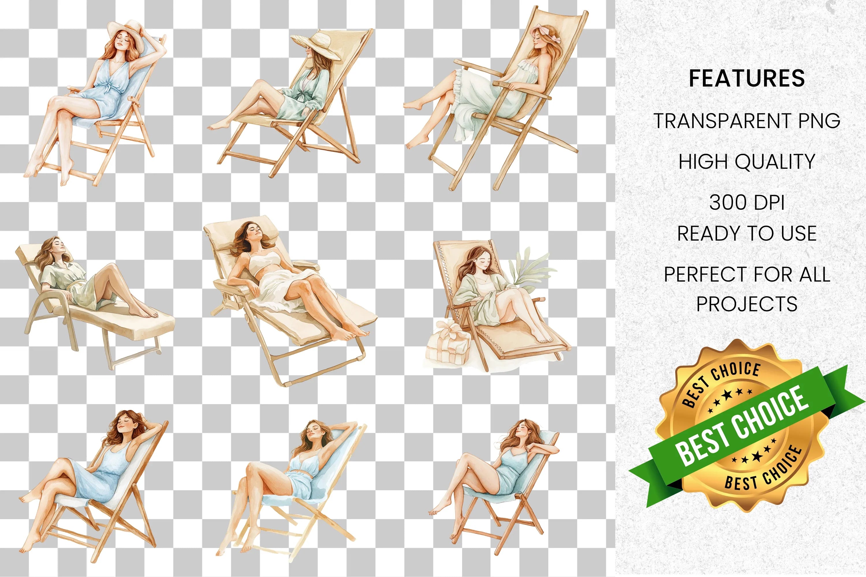 Relaxing Women Beach Lounge Clipart Bundle