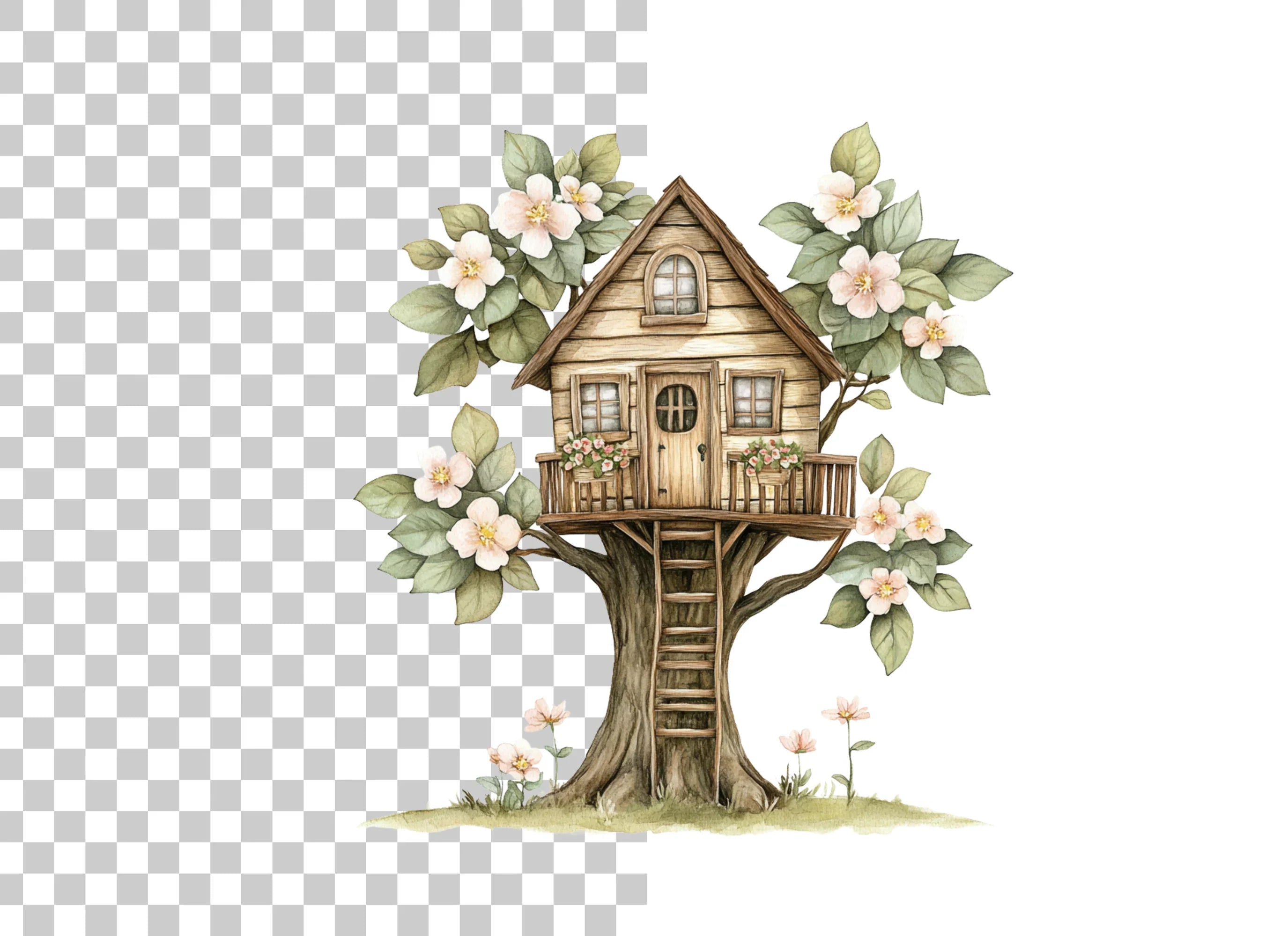Cozy Treehouse with Pink Blossoms Clipart Bundle
