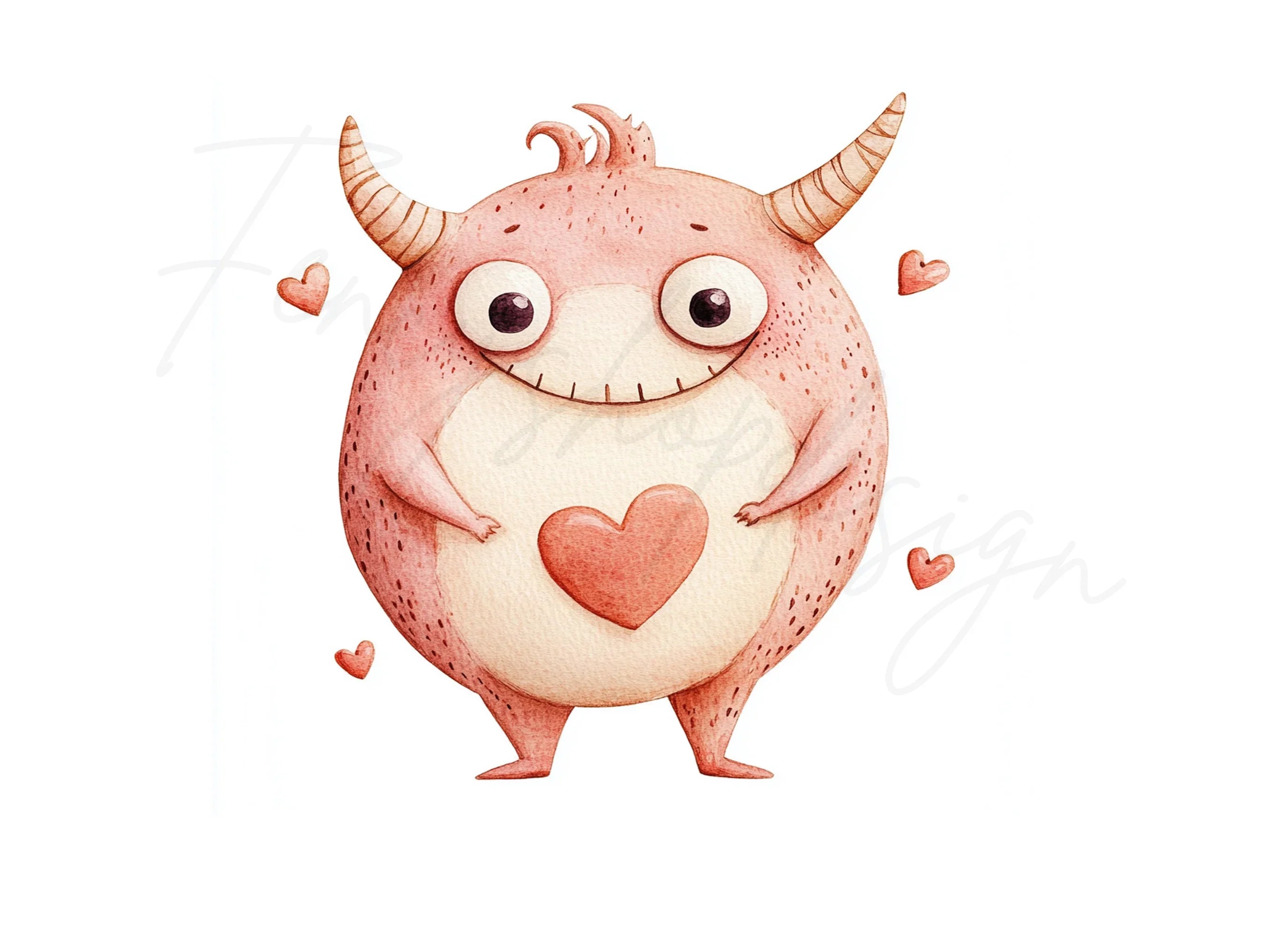 Cute Pink Monster with Heart Clipart Bundle