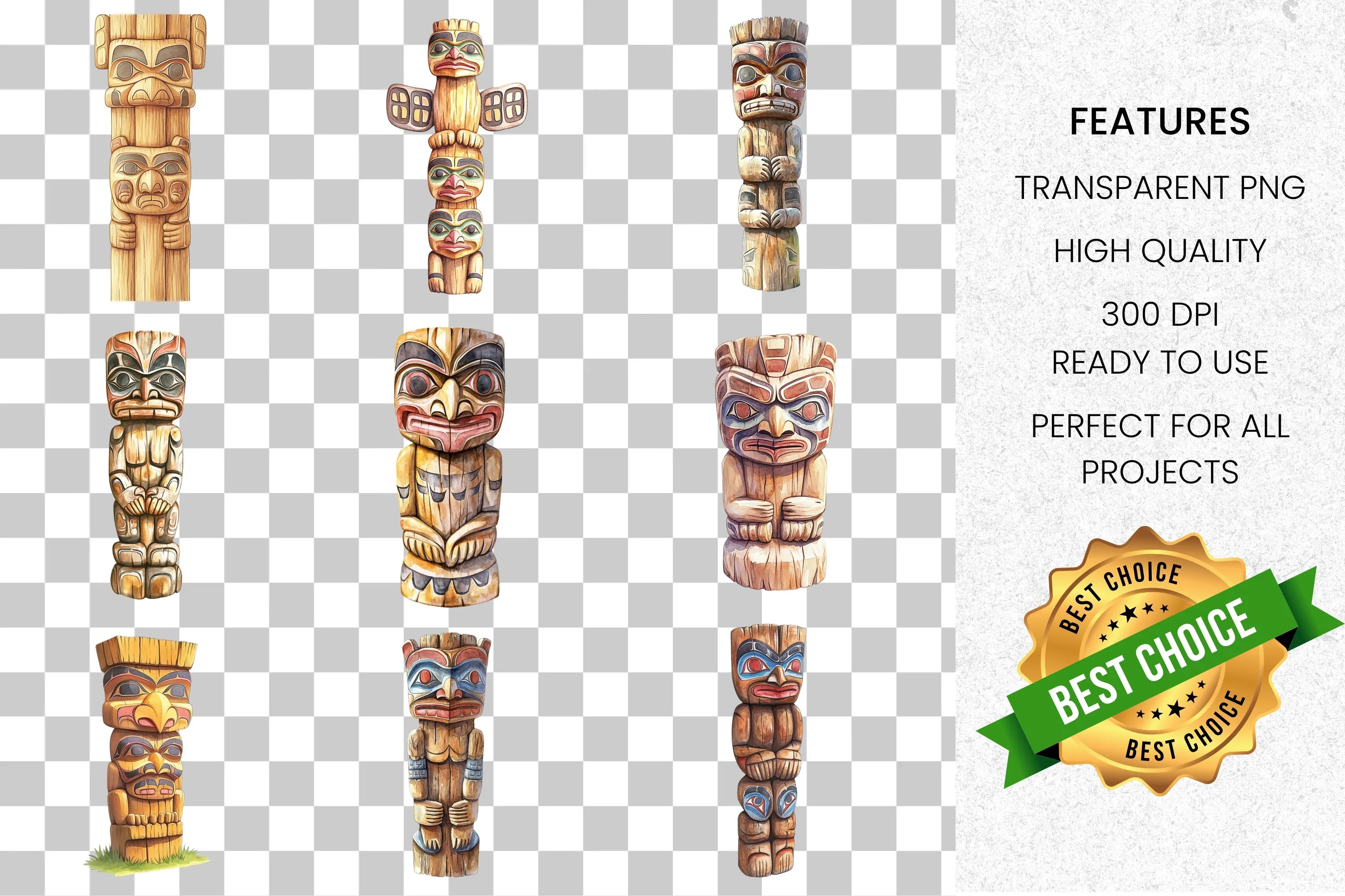 Vibrant Totem Pole Cultural Designs Clipart Bundle
