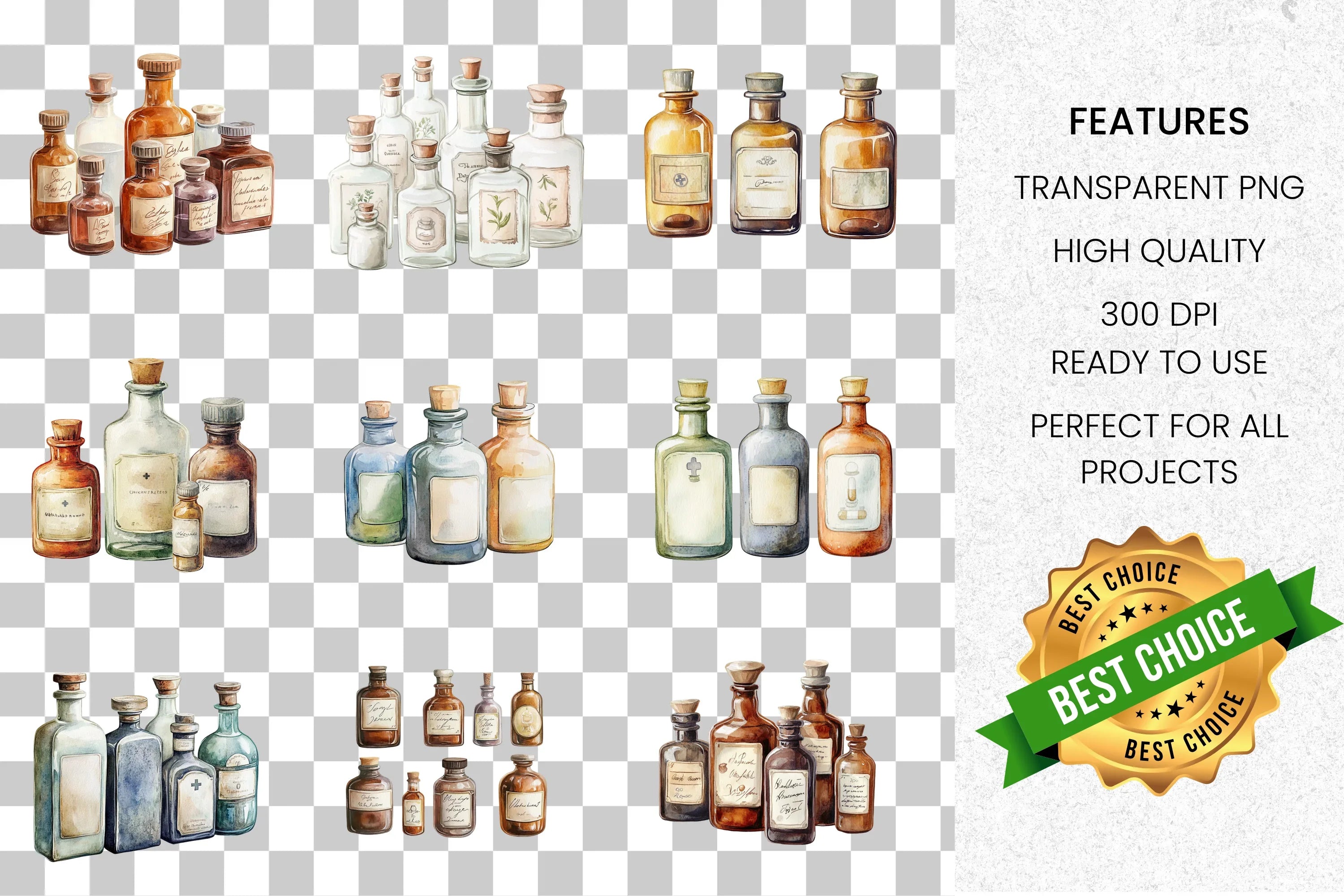 Vintage Apothecary Bottles Clipart Bundle