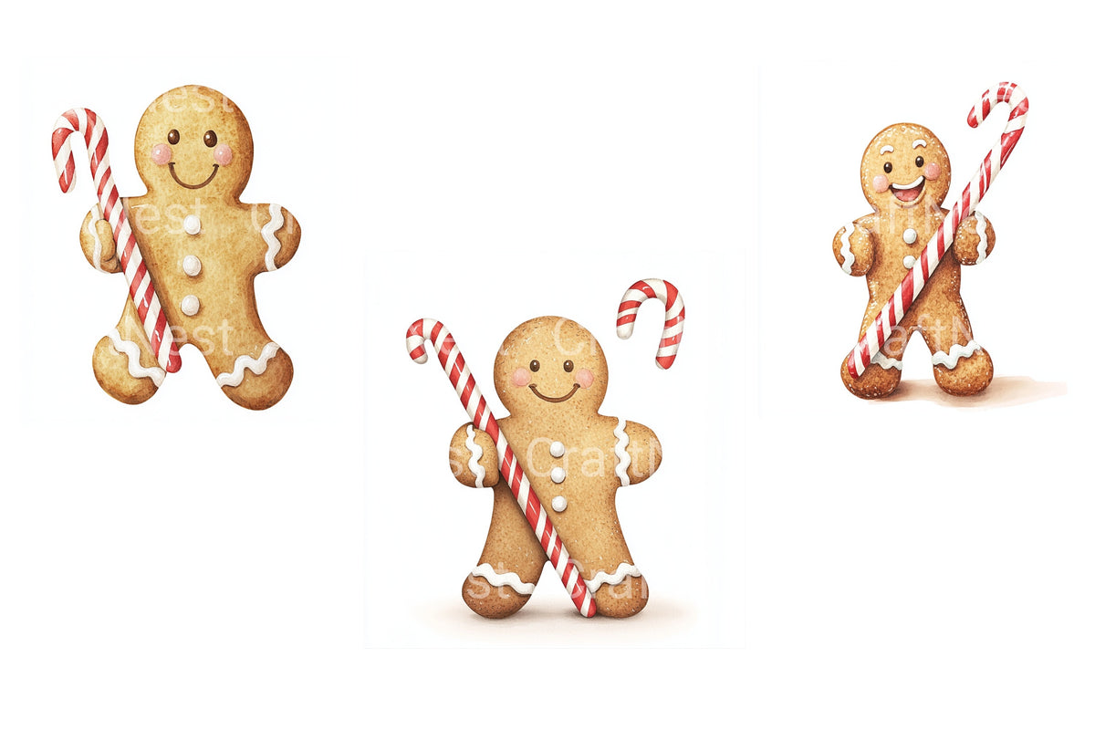 Happy Gingerbread Man With Candy Cane Clipart Bundle