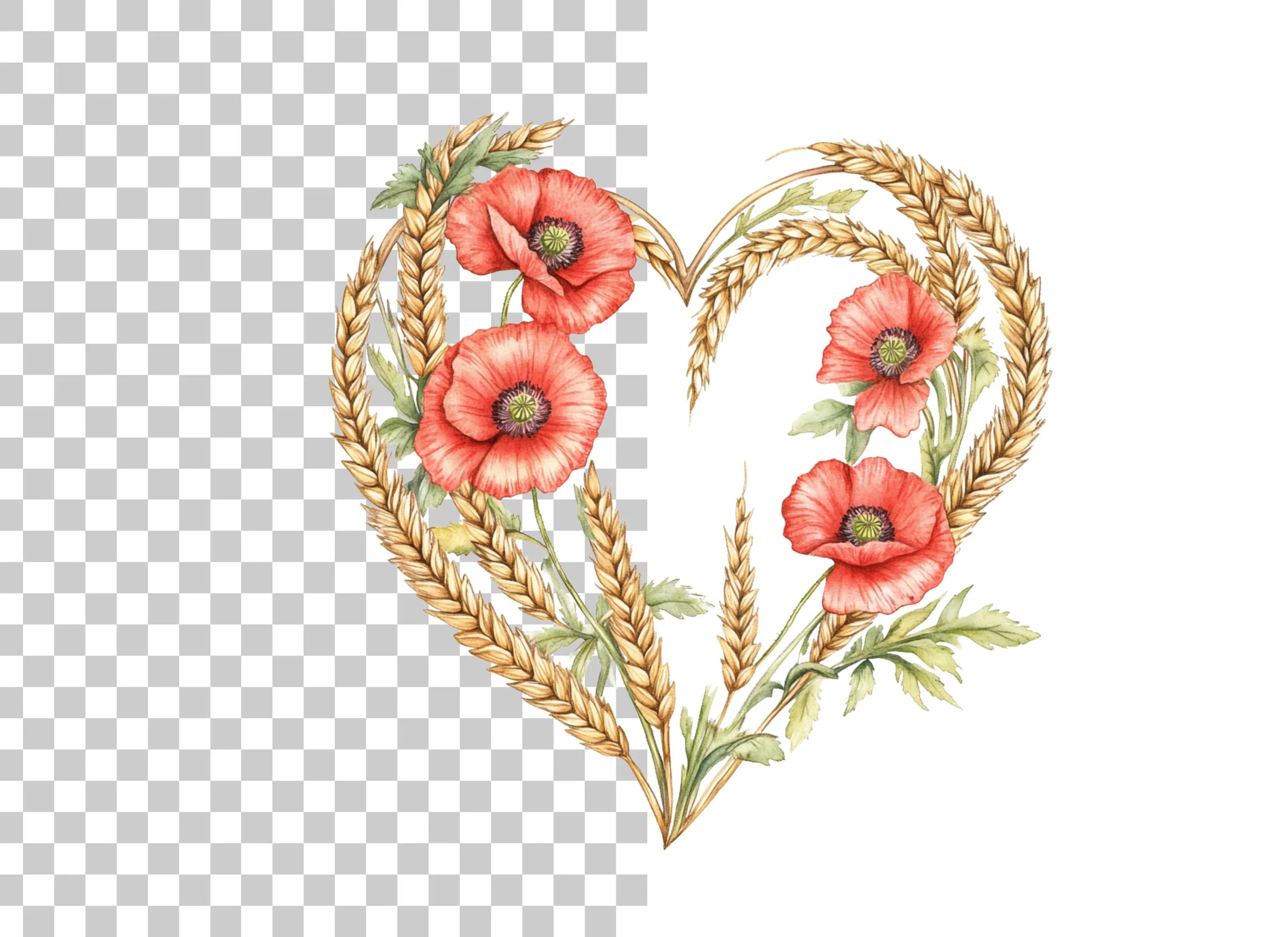 Poppy and Wheat Heart Clipart Bundle