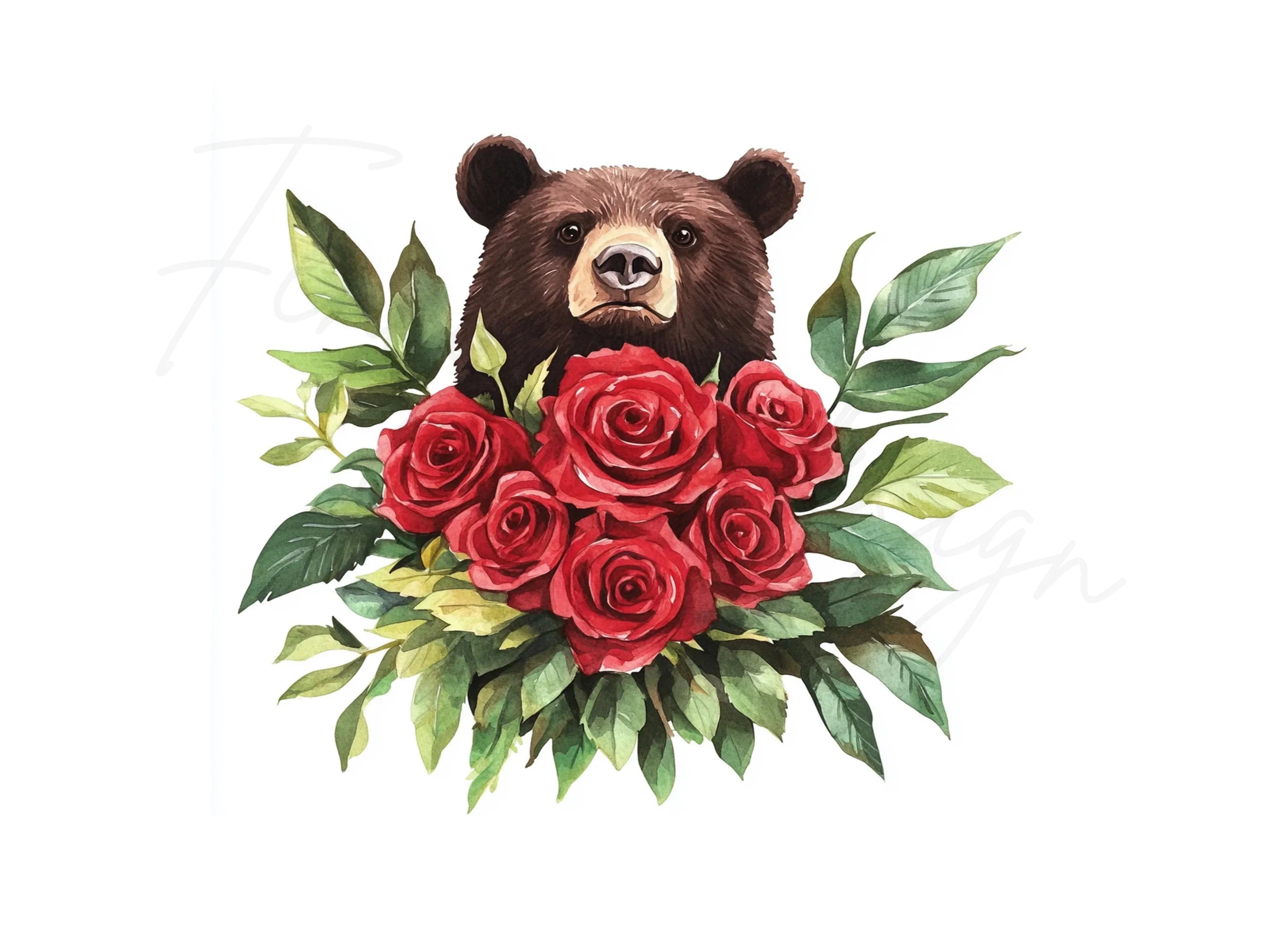 Brown Bear with Red Rose Bouquet Clipart Bundle