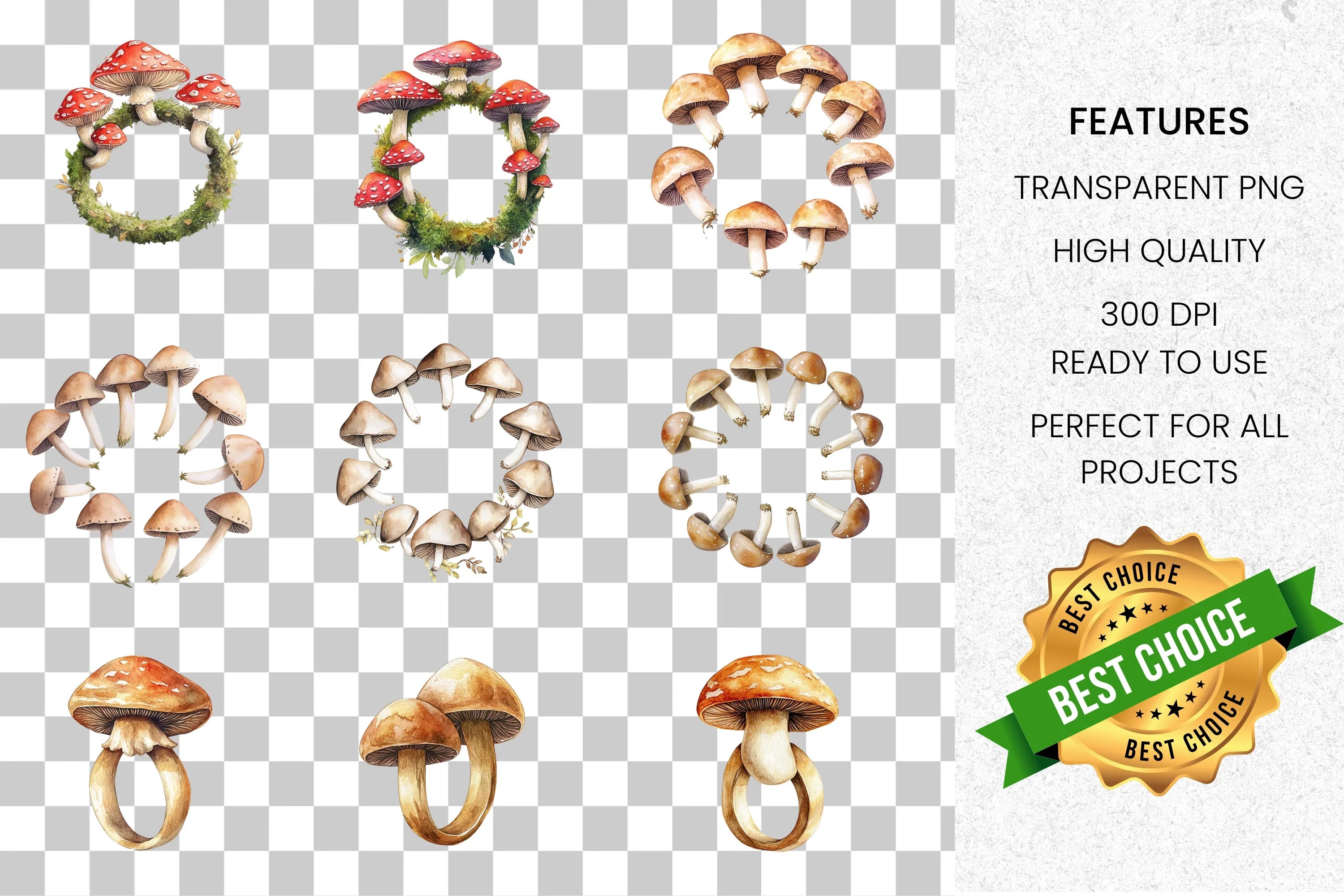 Whimsical Mushroom Toadstool Clipart Bundle