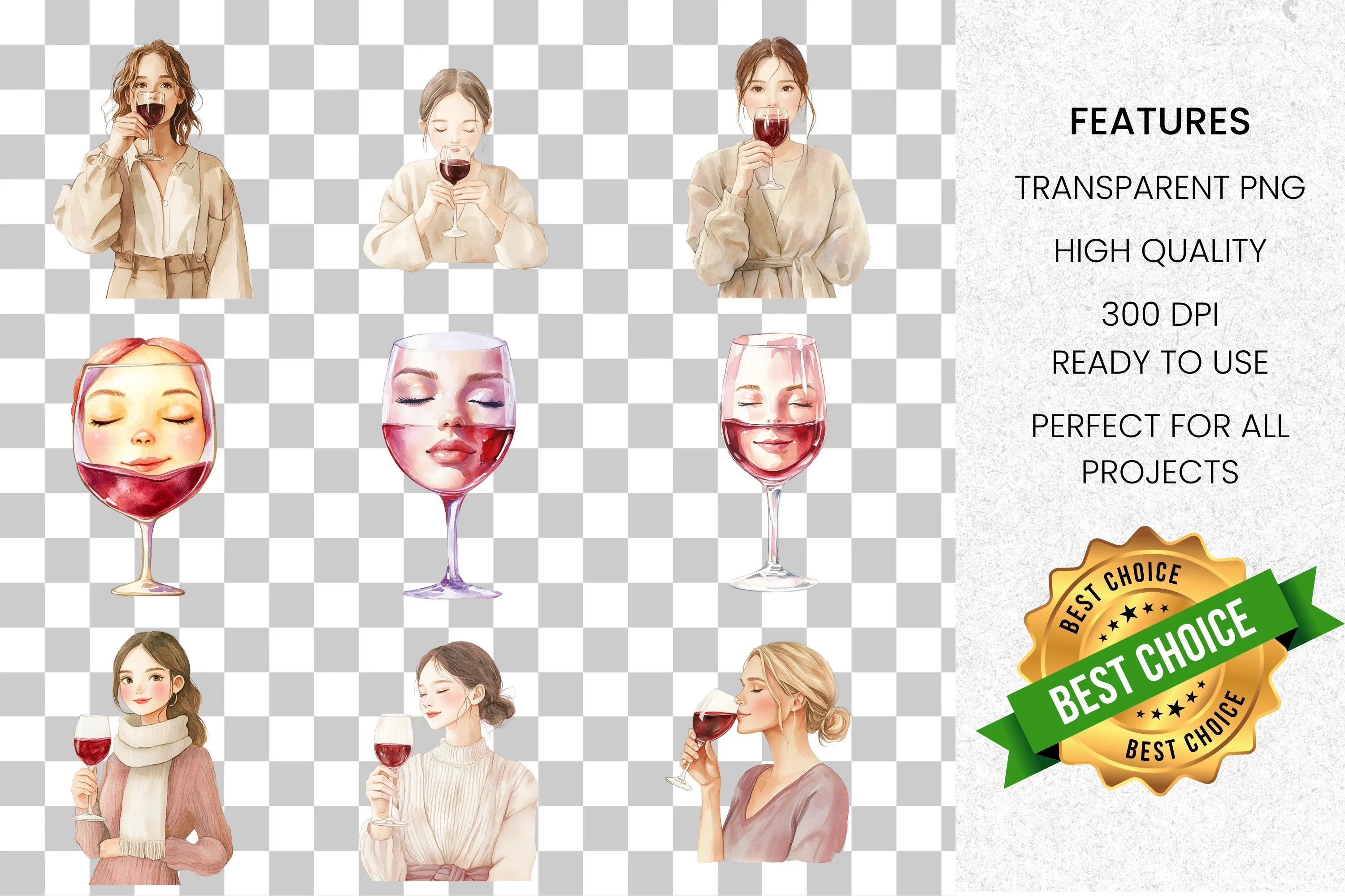 Elegant Wine Women Clipart Bundle