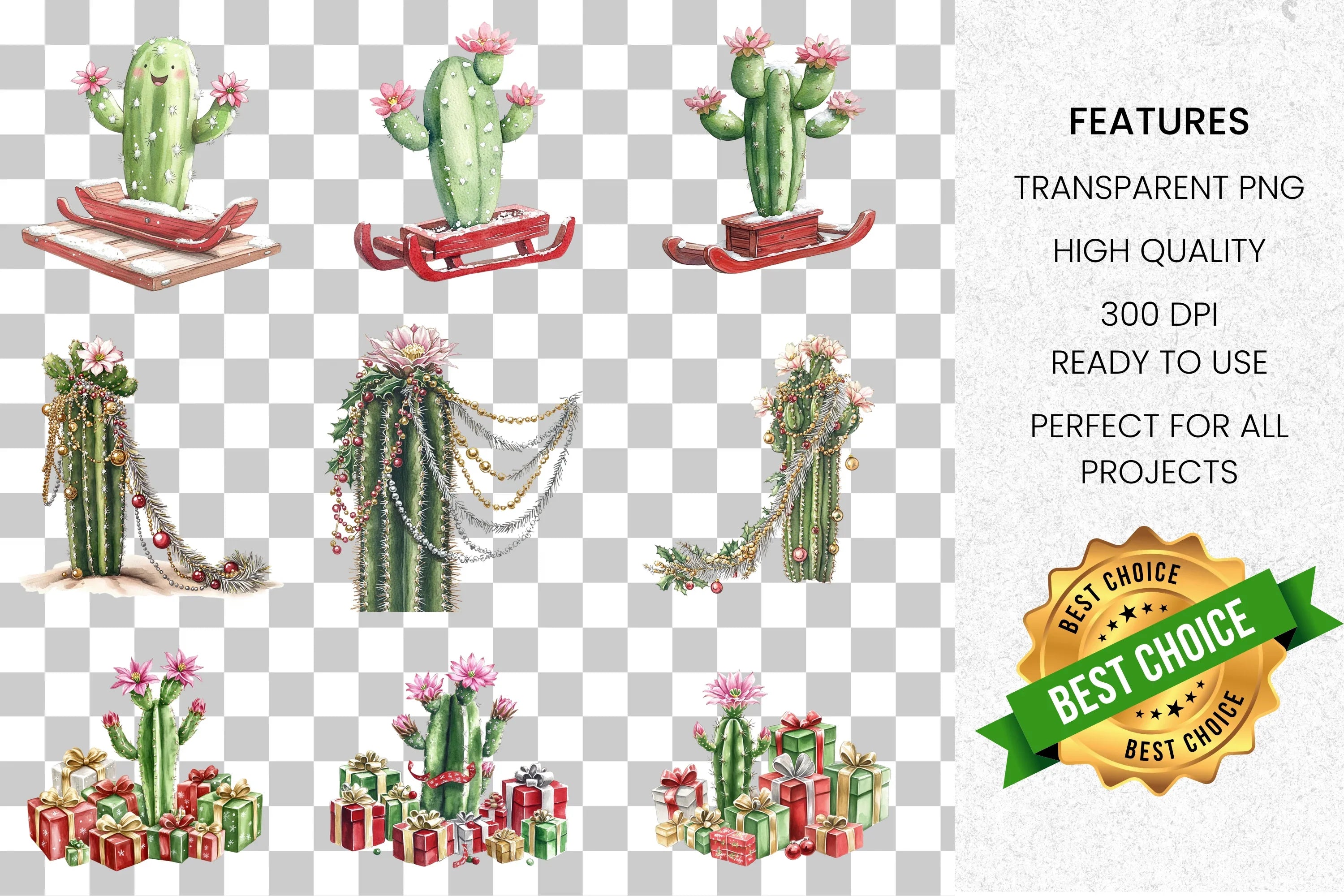 Christmas Cactus Clipart Bundle