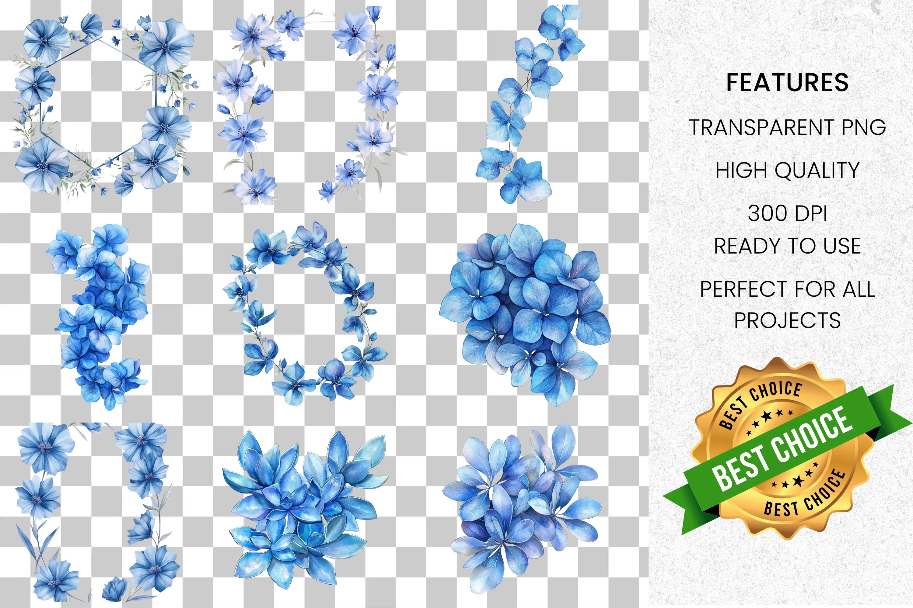 Blue Floral Clipart Bundle