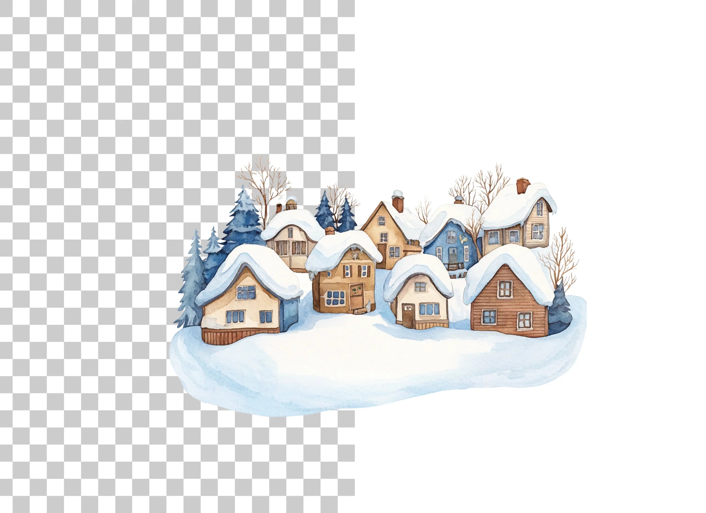 Snowy Winter Village Landscape Clipart Bundle