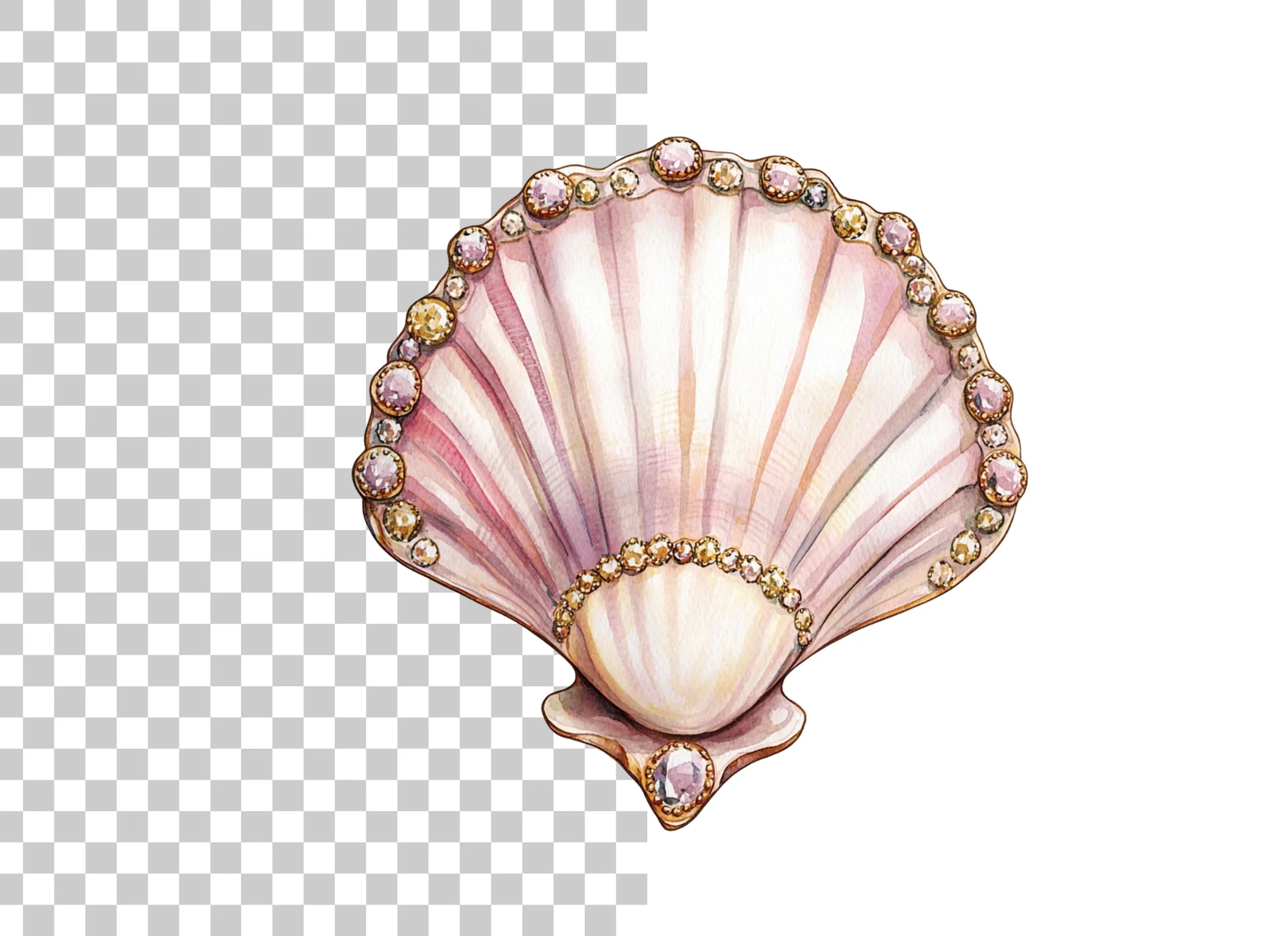 Pink Seashells with Gold Gem Clipart Bundle