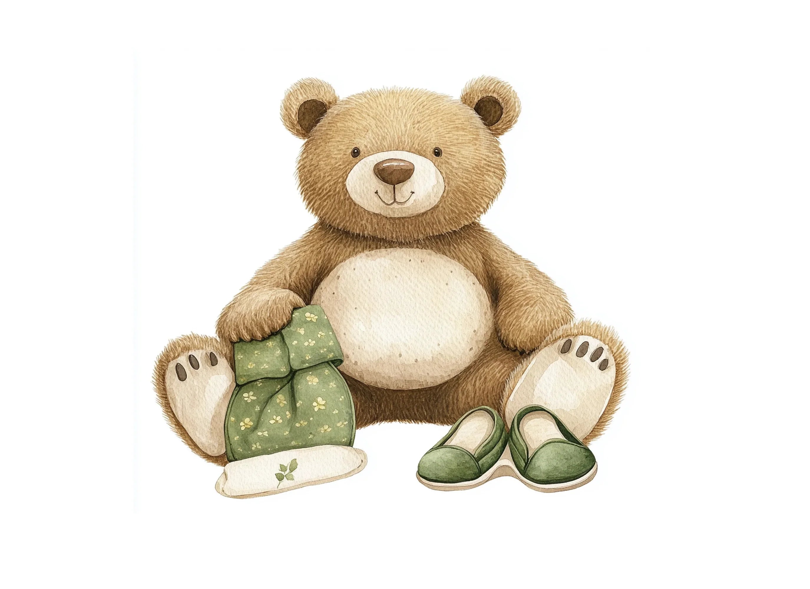 Teddy Bear with Green Pillow and Shoes Clipart Bundle