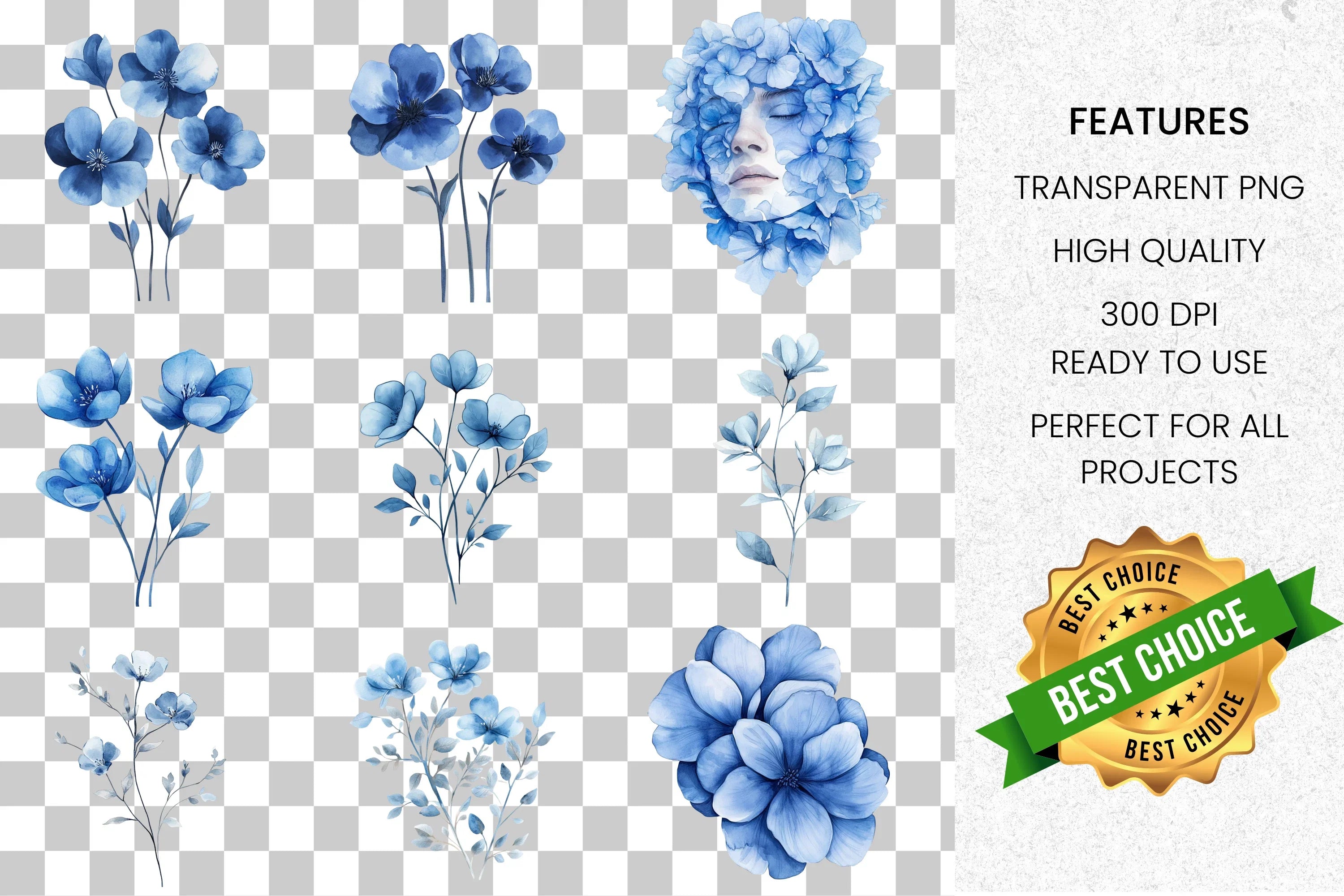 Blue Floral Clipart Bundle