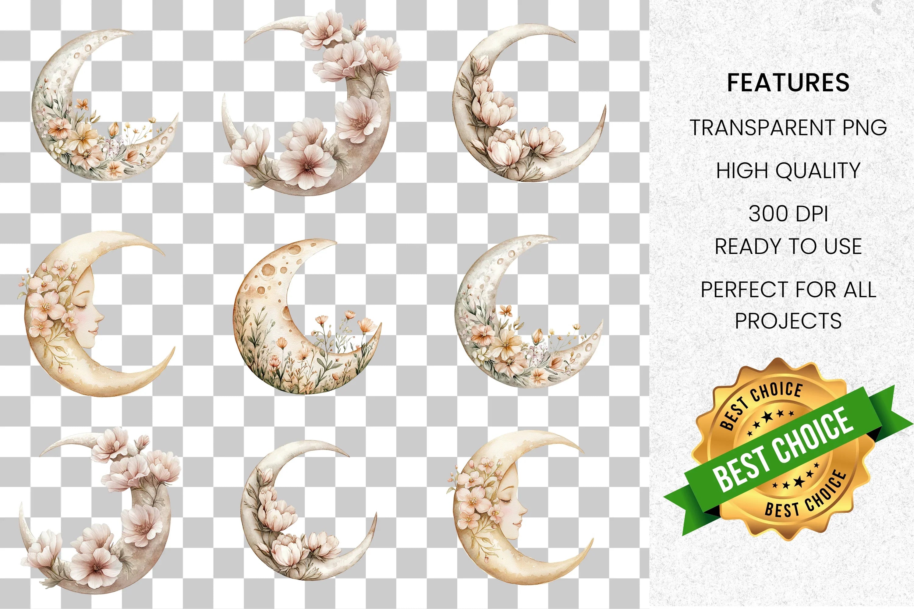 Floral Moon Clipart Bundle