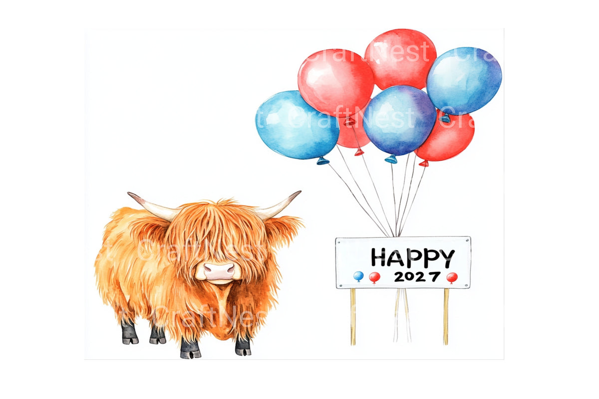 Happy New Year Highland Cow 2027 Clipart Bundle