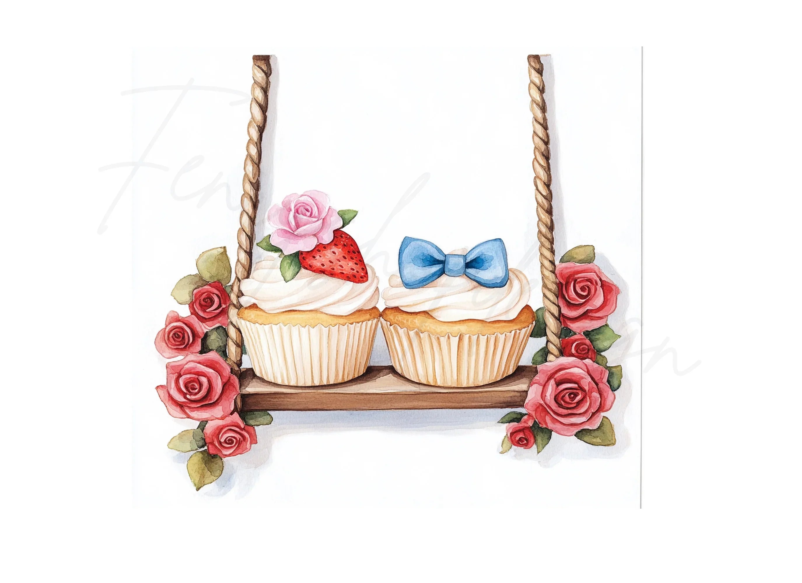 Romantic Cupcakes on Floral Swing Clipart Bundle