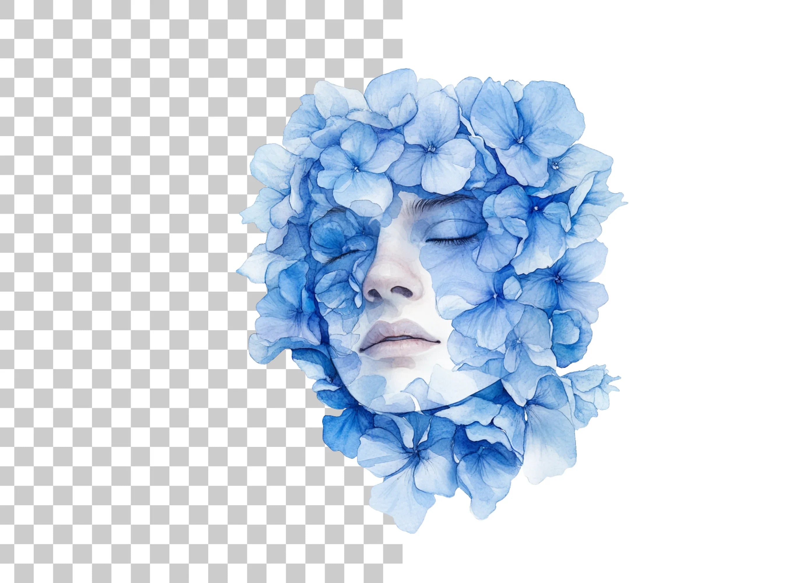 Blue Hydrangea Woman Face Clipart Bundle