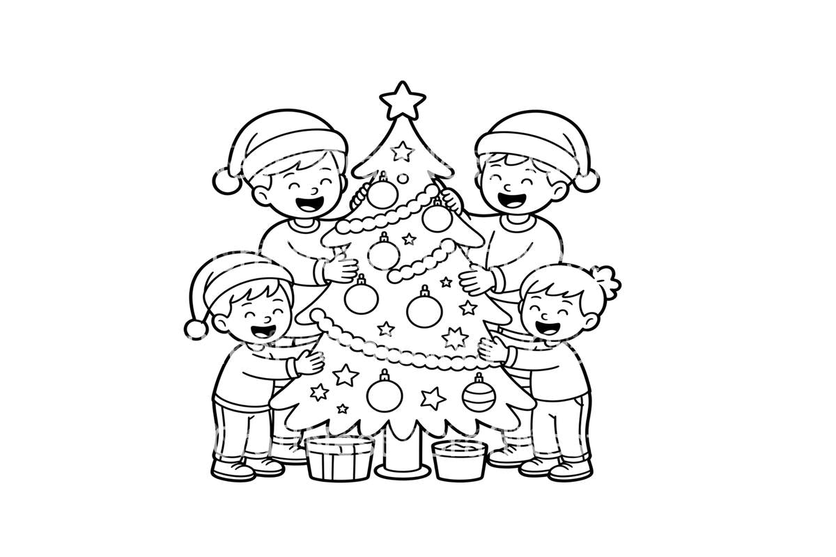 Family Decorating Christmas Tree Coloring Books