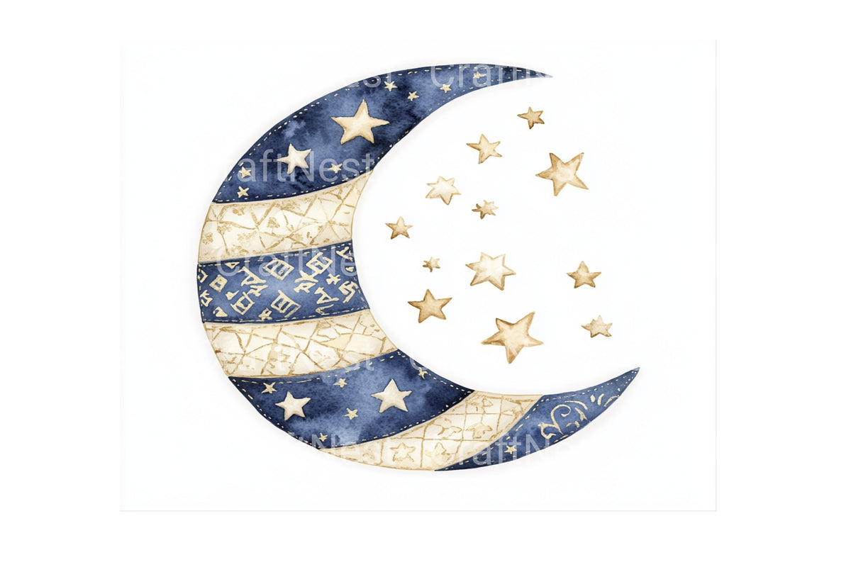 Navy Gold Patchwork Moon Clipart Bundle