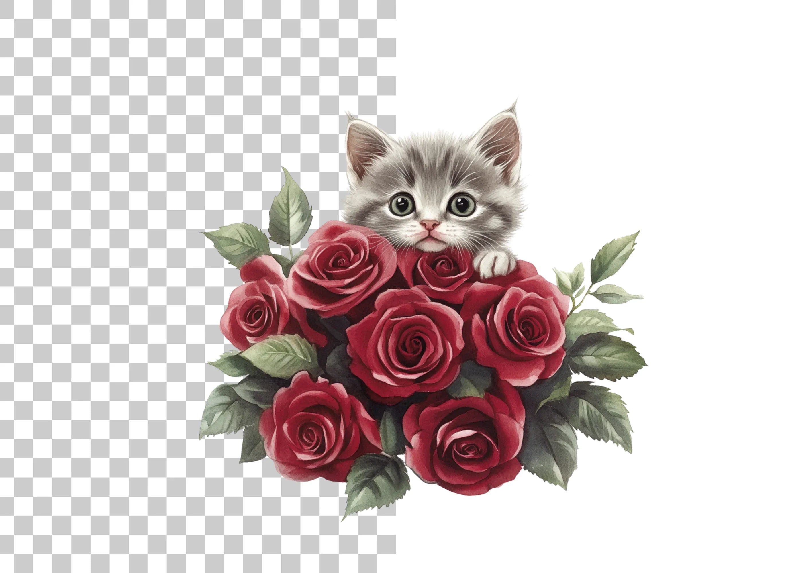 Cute Kitten and Red Roses Clipart Bundle