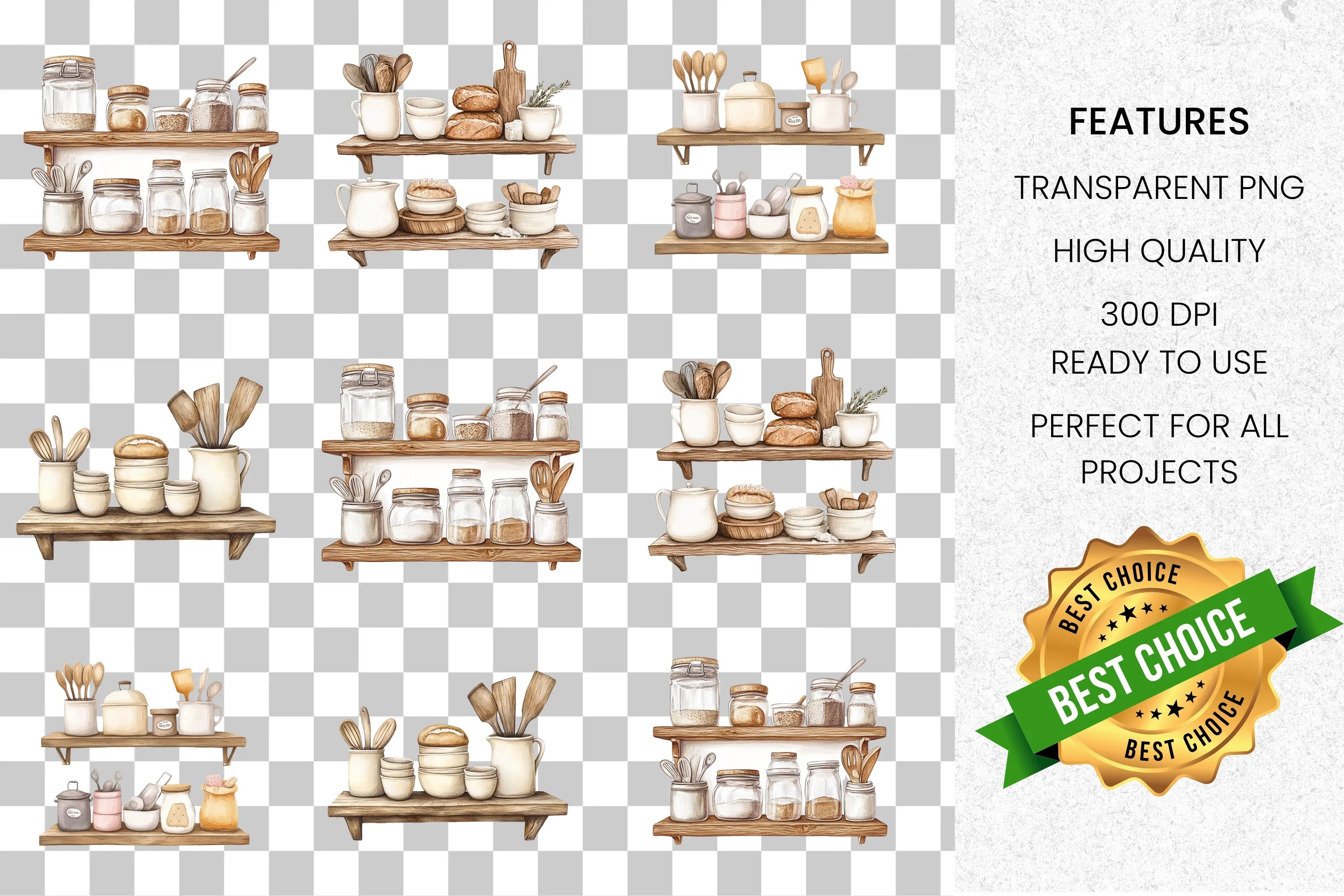 Rustic Kitchen Shelf Clipart Bundle
