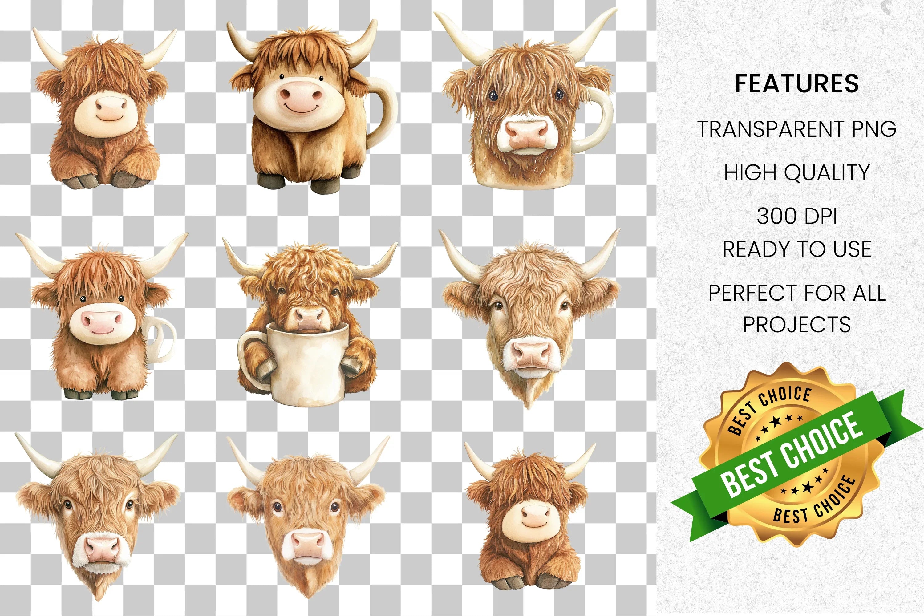 Cute Highland Cow Clipart Bundle