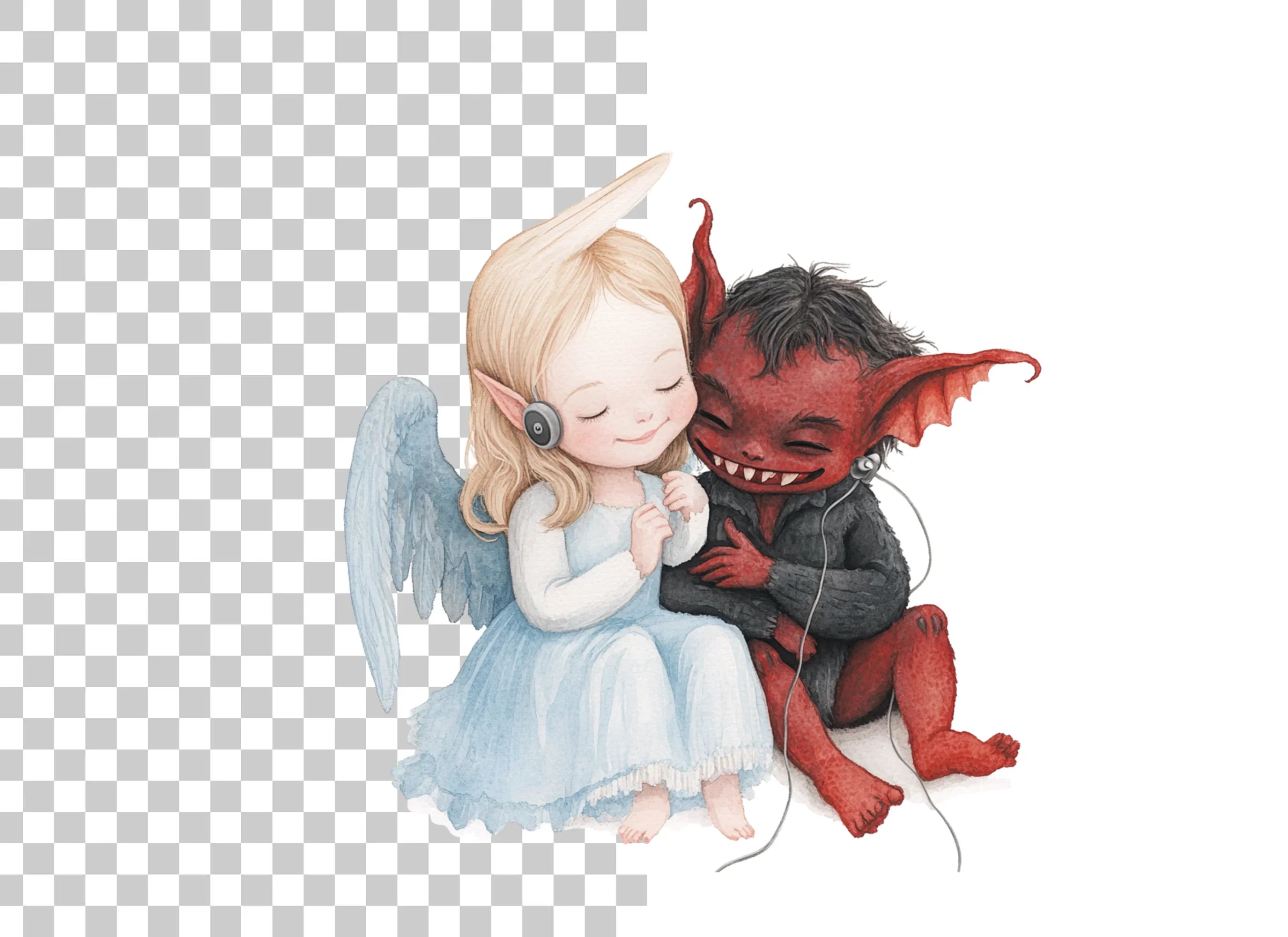 Cute Angel and Devil Listening to Music Clipart Bundle