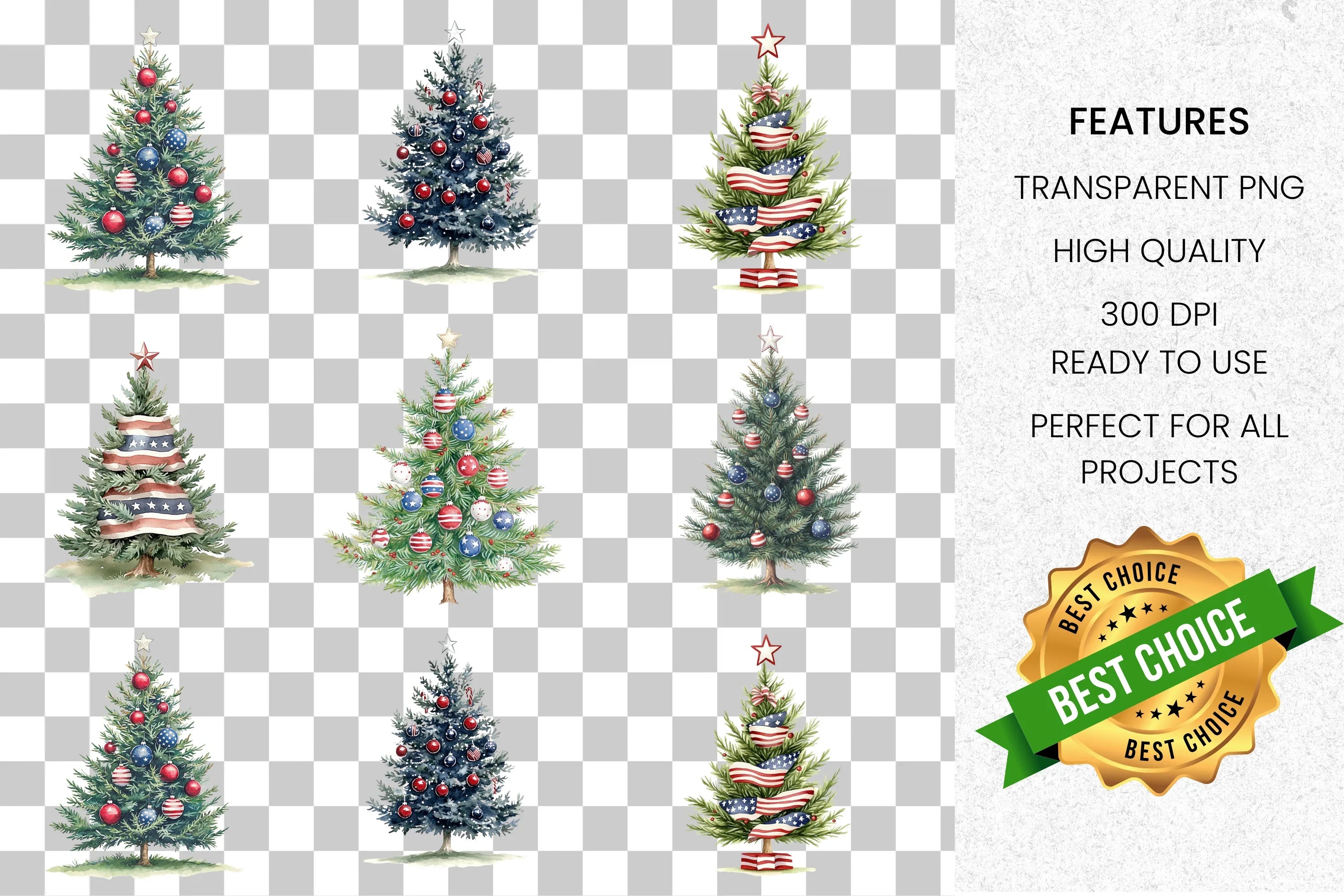 Patriotic Traditional Christmas Trees Clipart Bundle