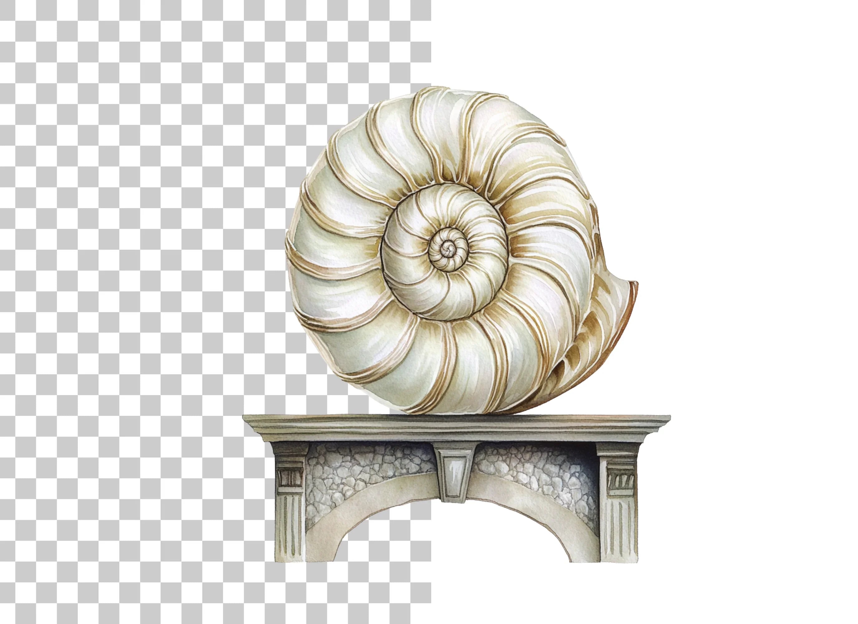 Elegant Nautilus Shell on Stone Pedestal Clipart Bundle